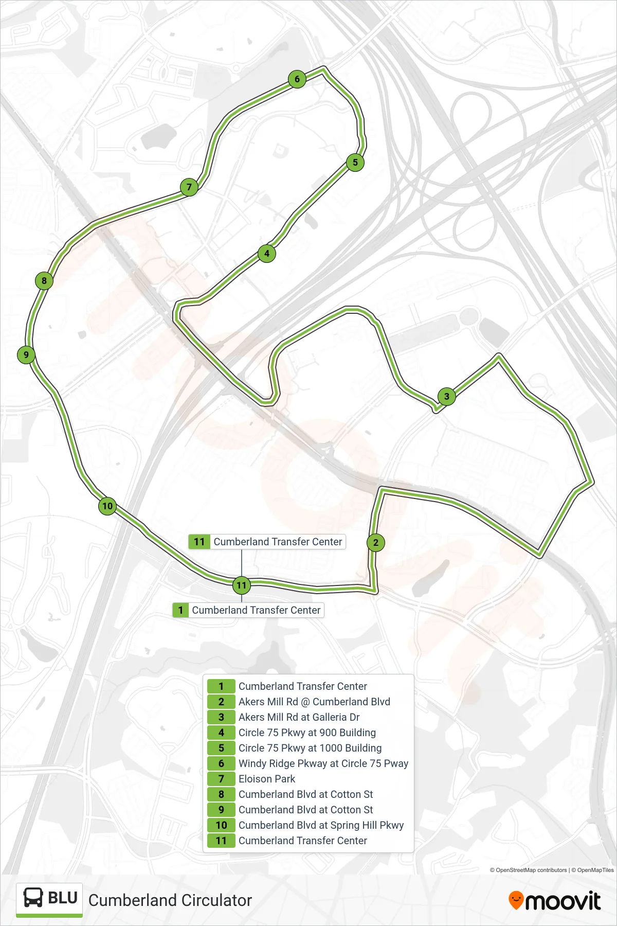 BLU bus Line (Blue-Battery / Cumberland Tc) route and stops on a map