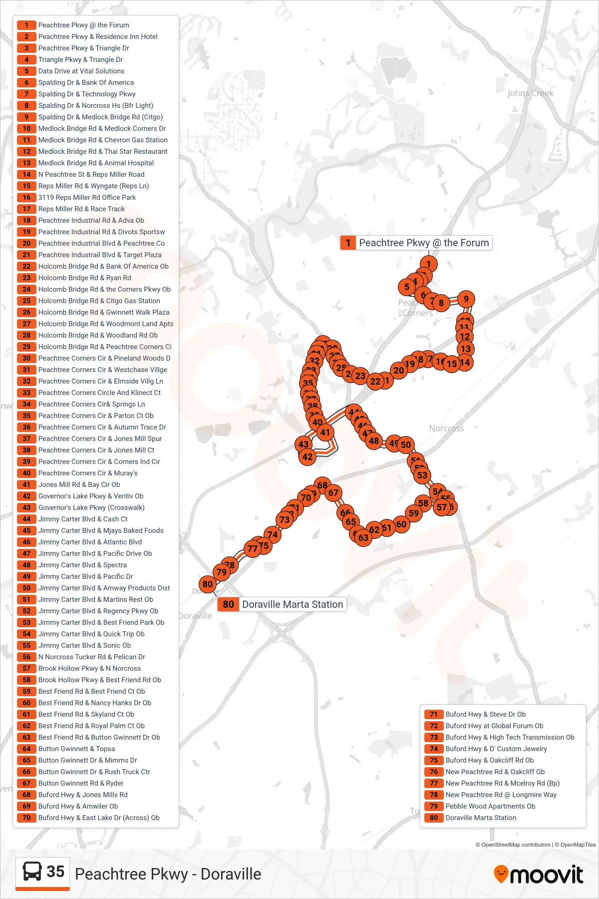 35 bus Line (Doraville Marta) route and stops on a map