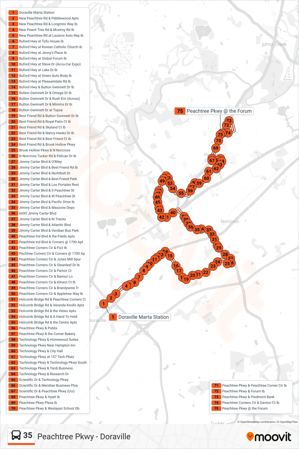 35 bus Line (P'Tree Pky Forum) route and stops on a map
