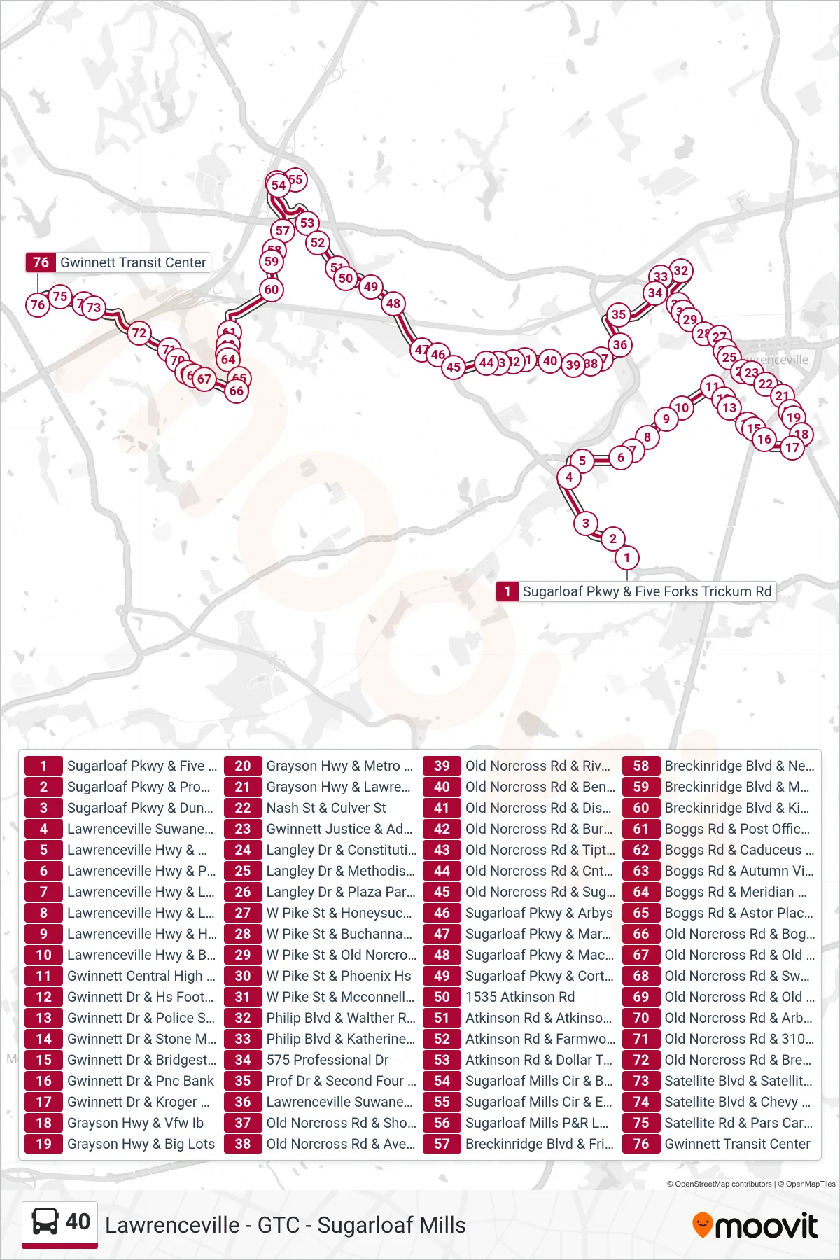 40 bus Line (Transit Center) route and stops on a map