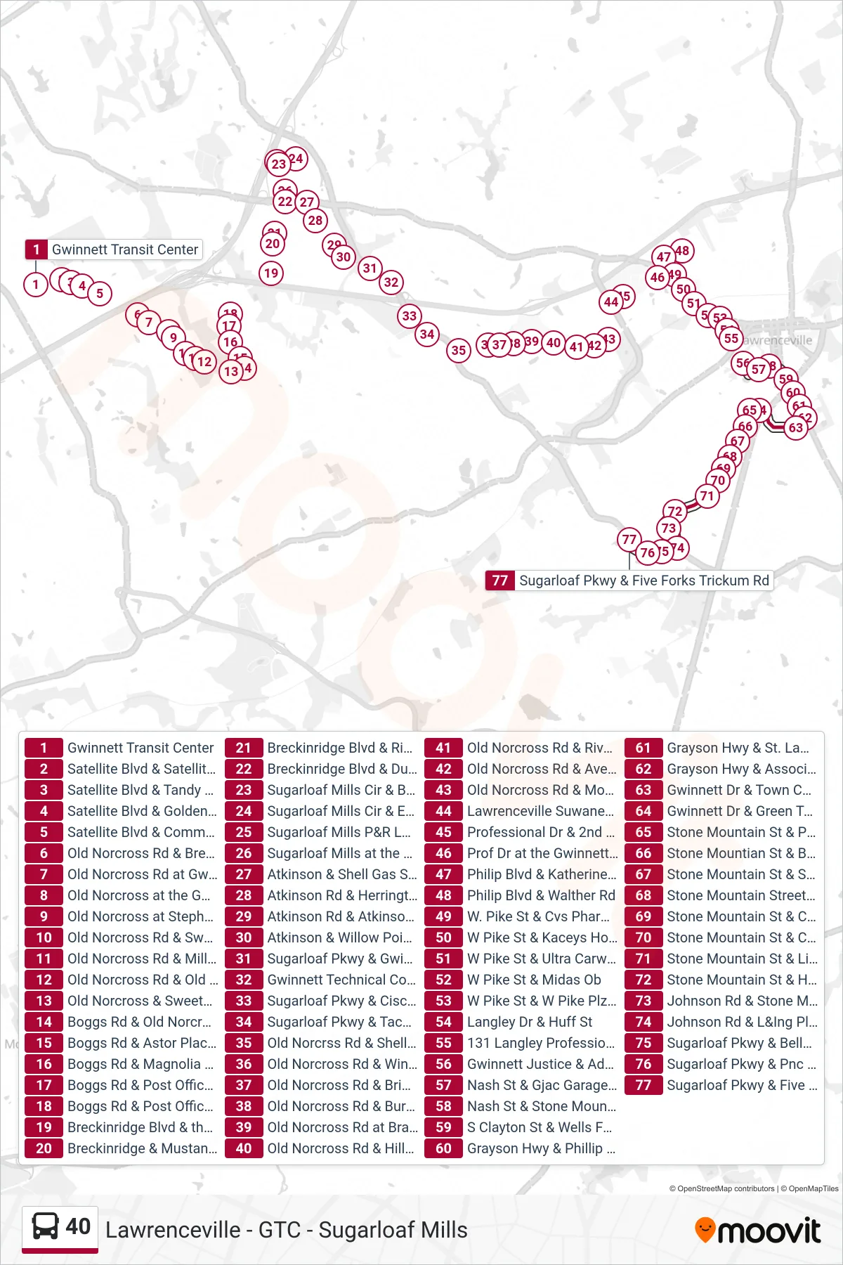 40 bus Line (5 Forks Trickum) route and stops on a map