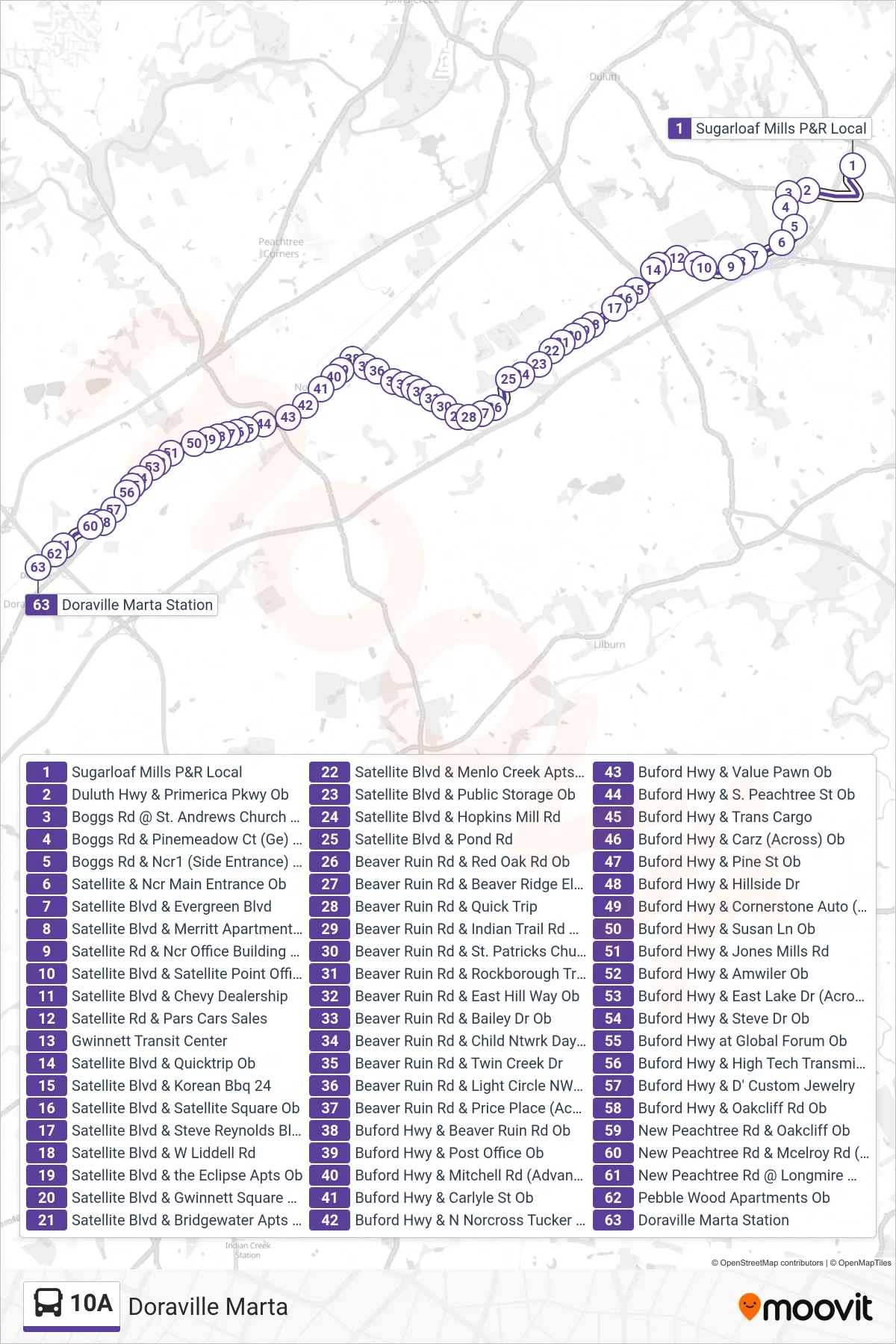 10A bus Line (Doraville Marta) route and stops on a map
