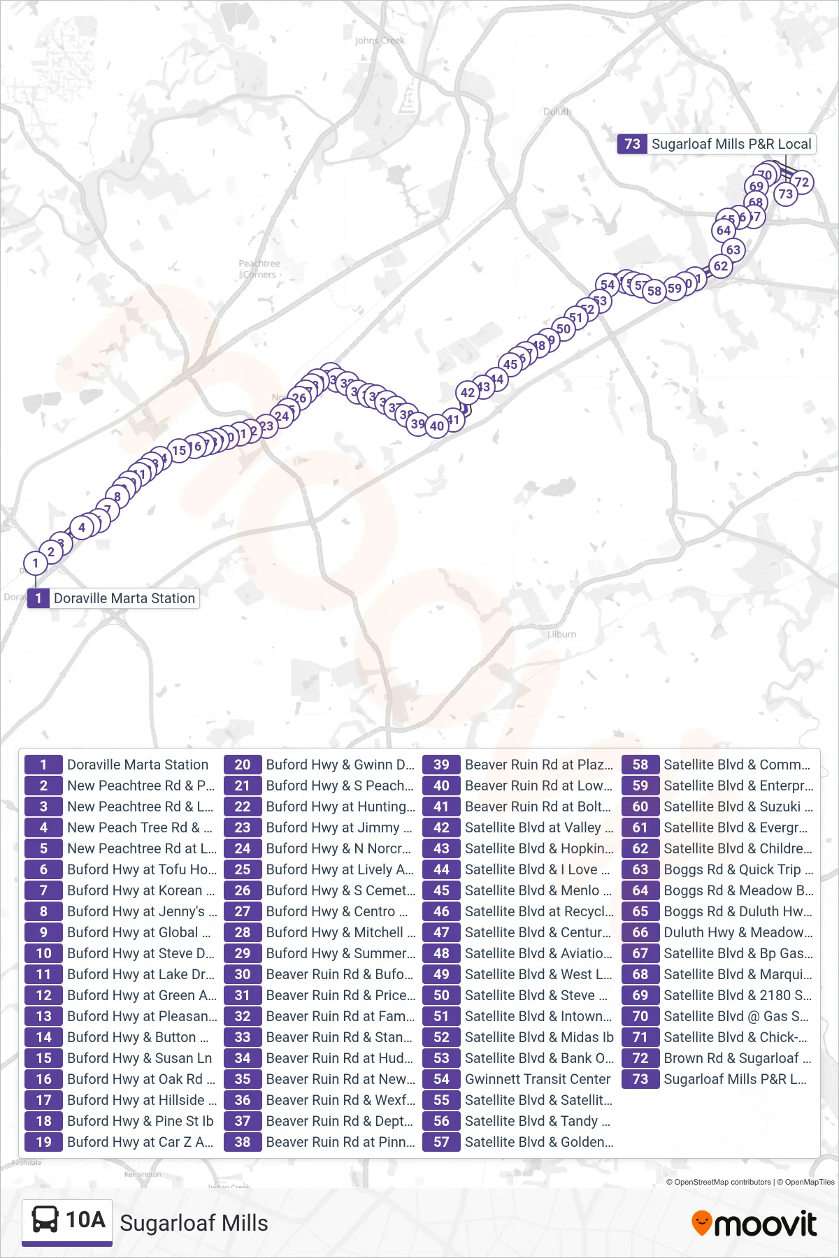 10A bus Line (Sugarloaf Mills) route and stops on a map