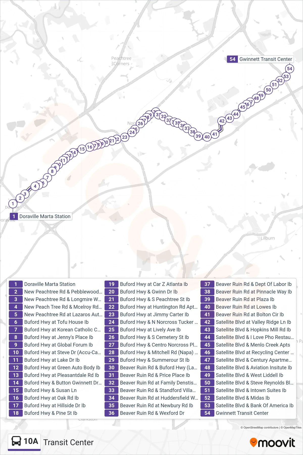 10A bus Line (Transit Center) route and stops on a map