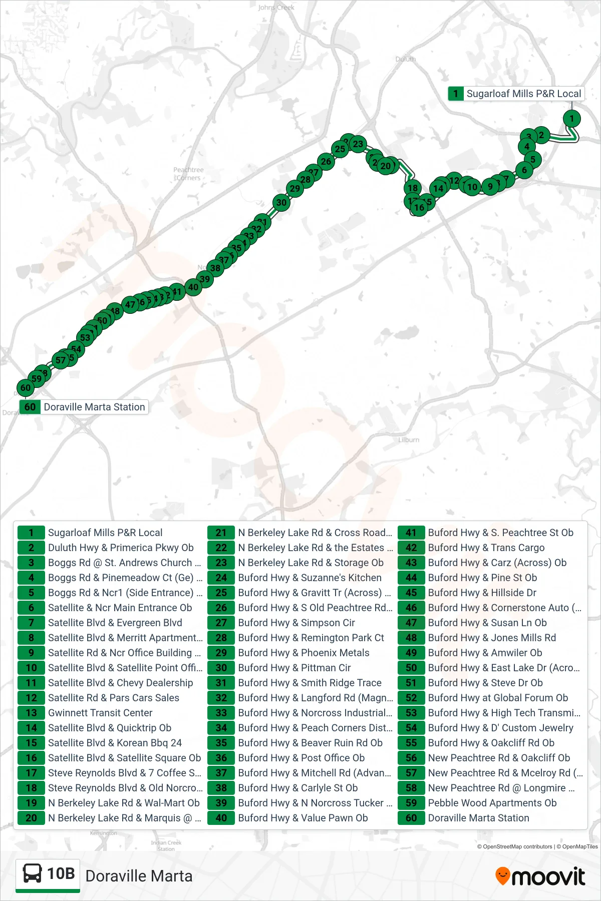 10B bus Line (Doraville Marta) route and stops on a map