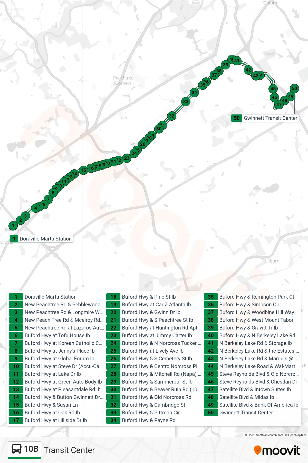 10B bus Line (Transit Center) route and stops on a map
