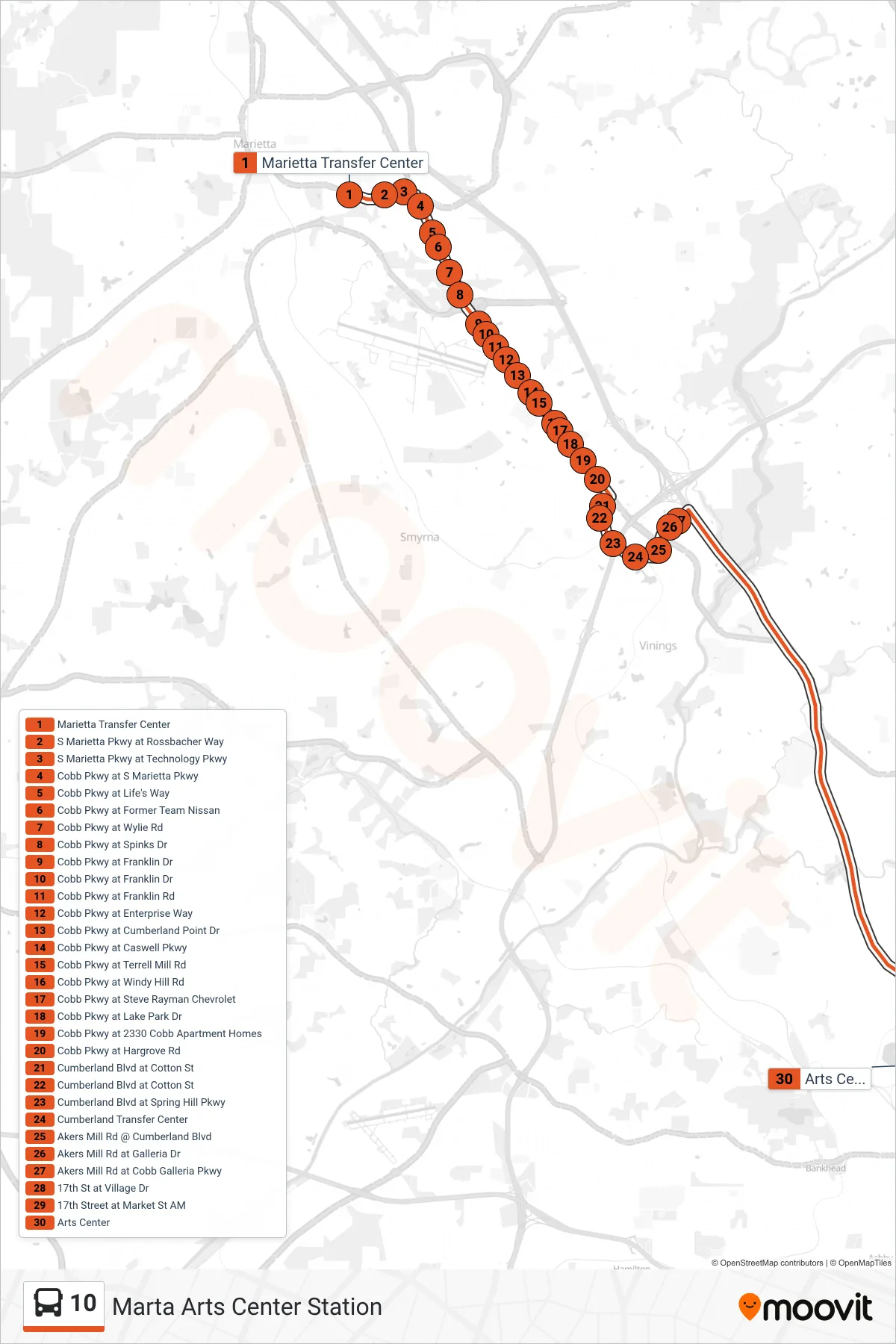 10 bus Line (Marta Arts Center Station) route and stops on a map