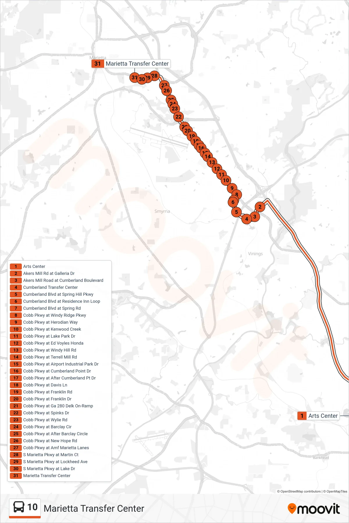 10 bus Line (Marietta Transfer Center) route and stops on a map