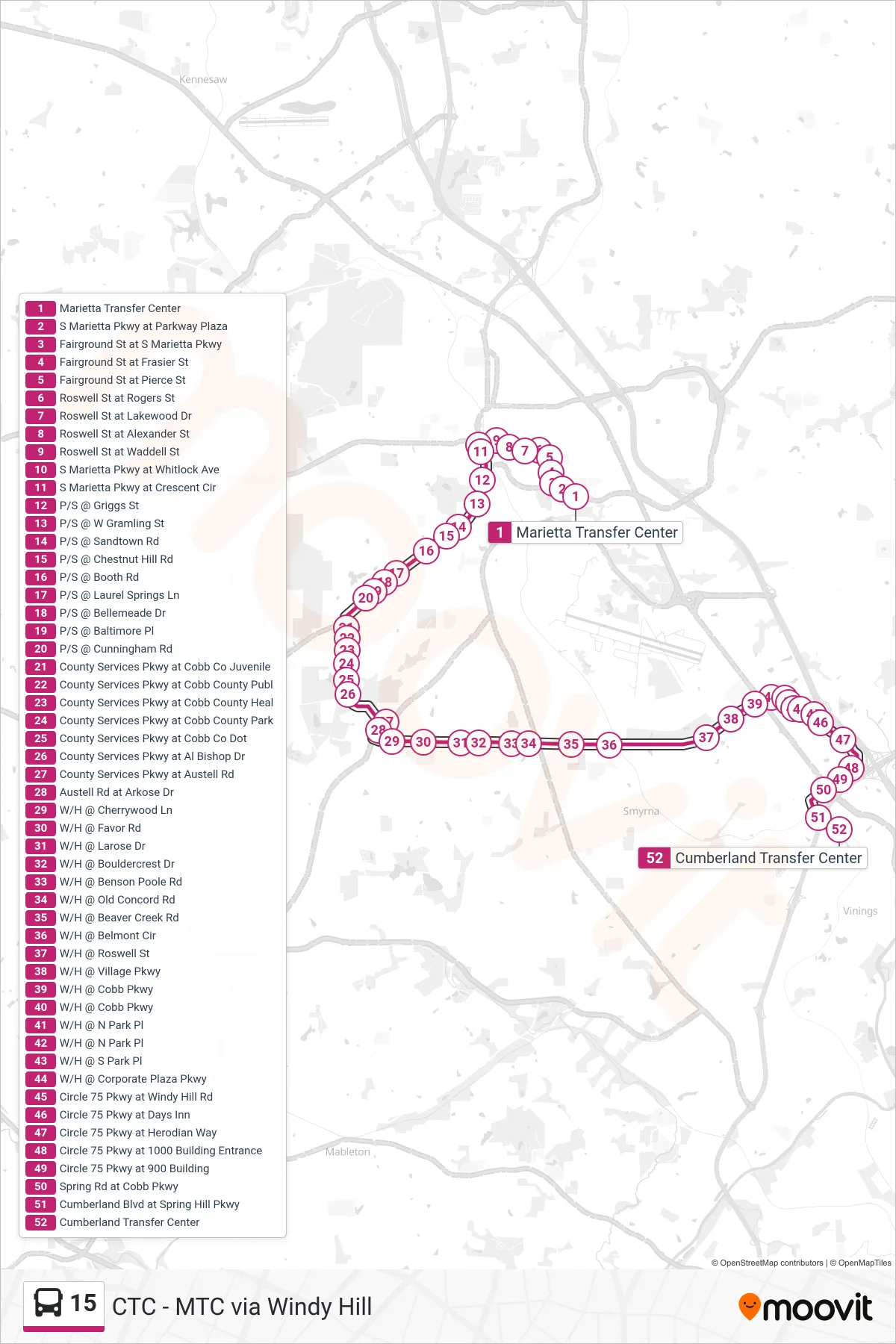 15 bus Line (Cumberland Transfer Center) route and stops on a map
