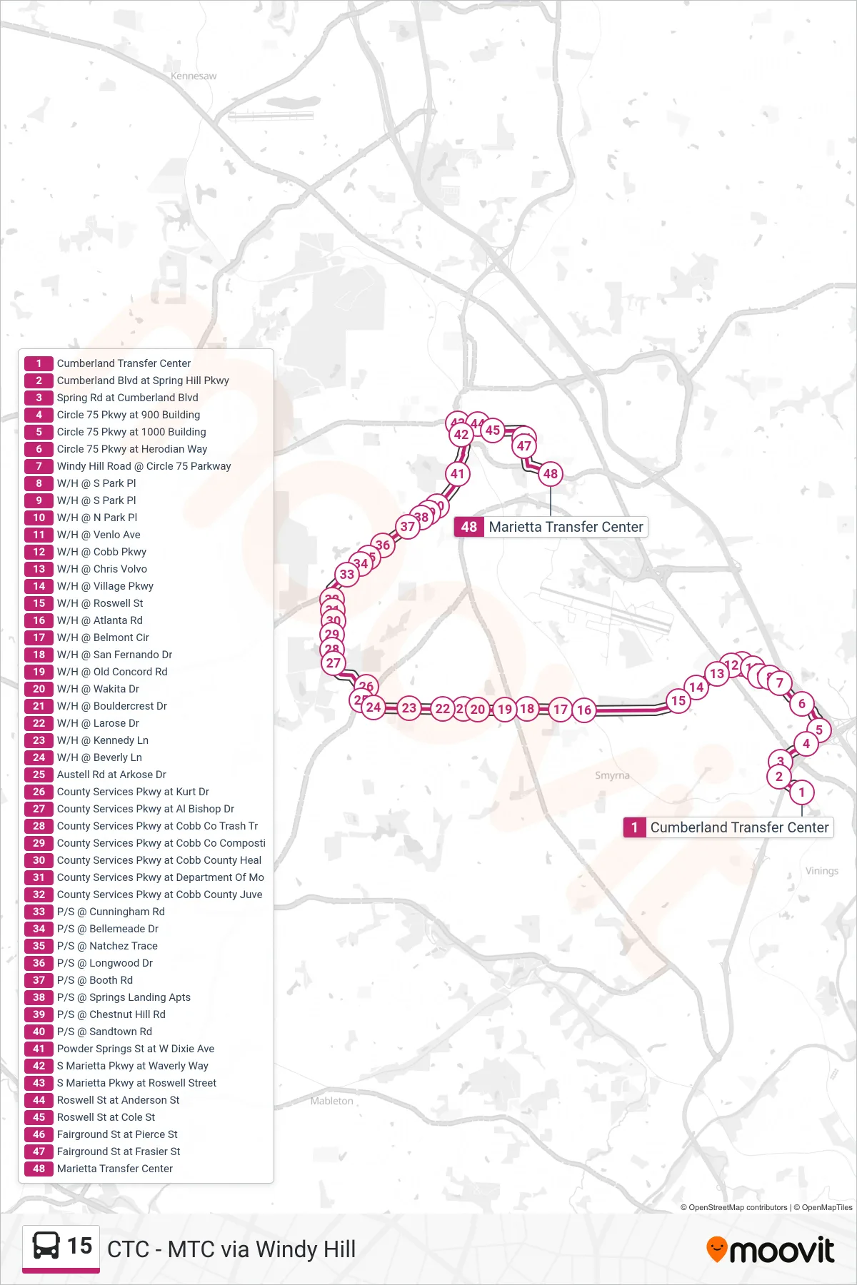 15 bus Line (Marietta Transfer Center) route and stops on a map