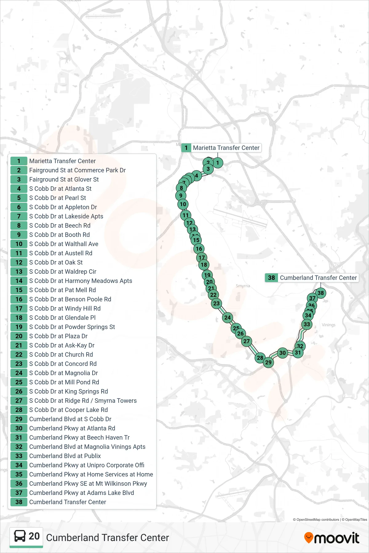 20 bus Line (Cumberland Transfer Center) route and stops on a map