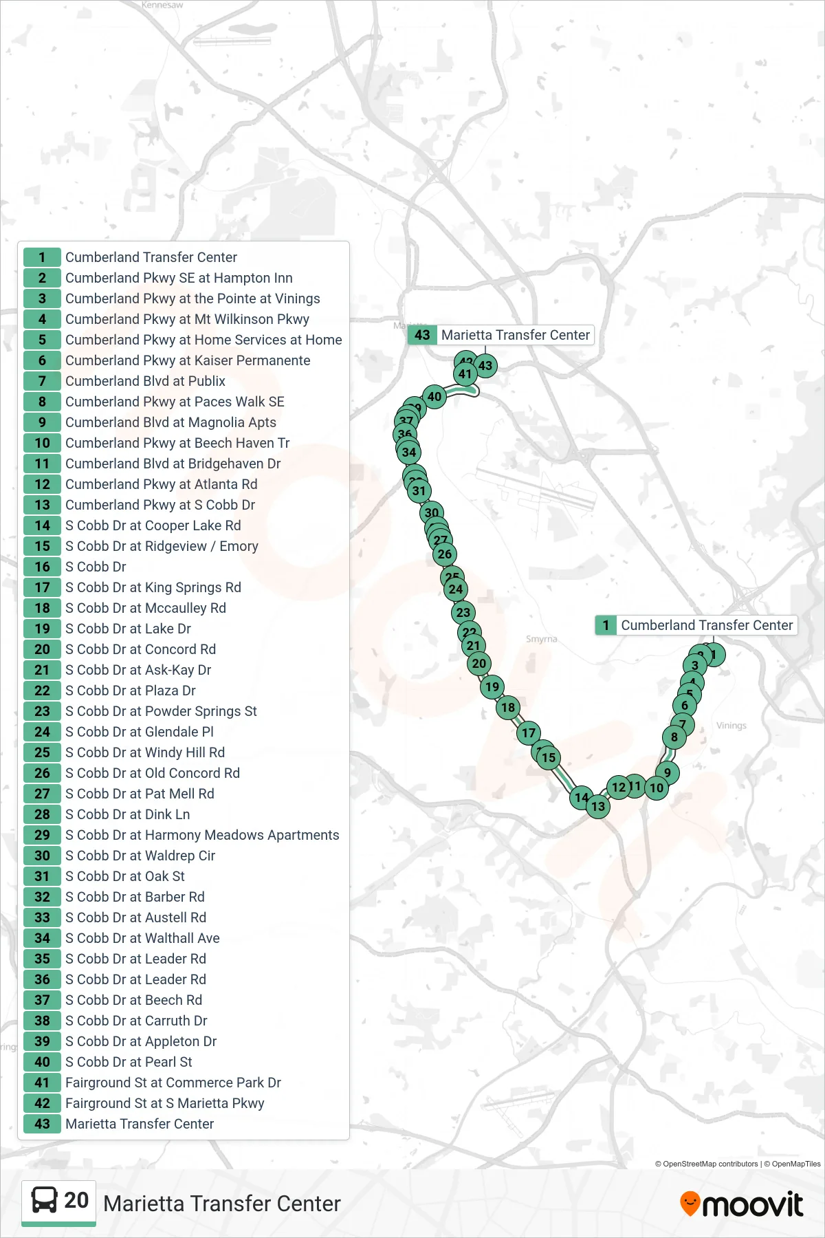 20 bus Line (Marietta Transfer Center) route and stops on a map