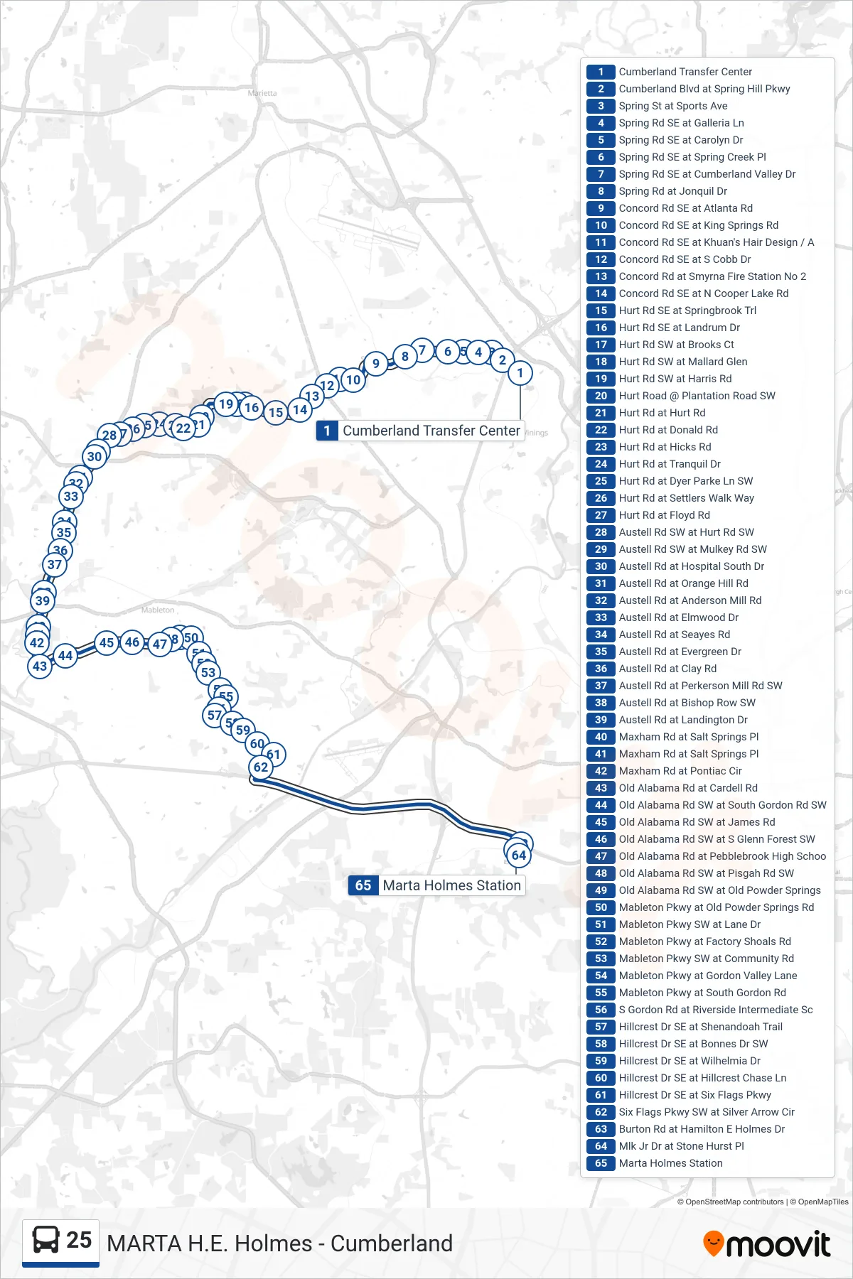 25 bus Line (Marta Holmes Station) route and stops on a map