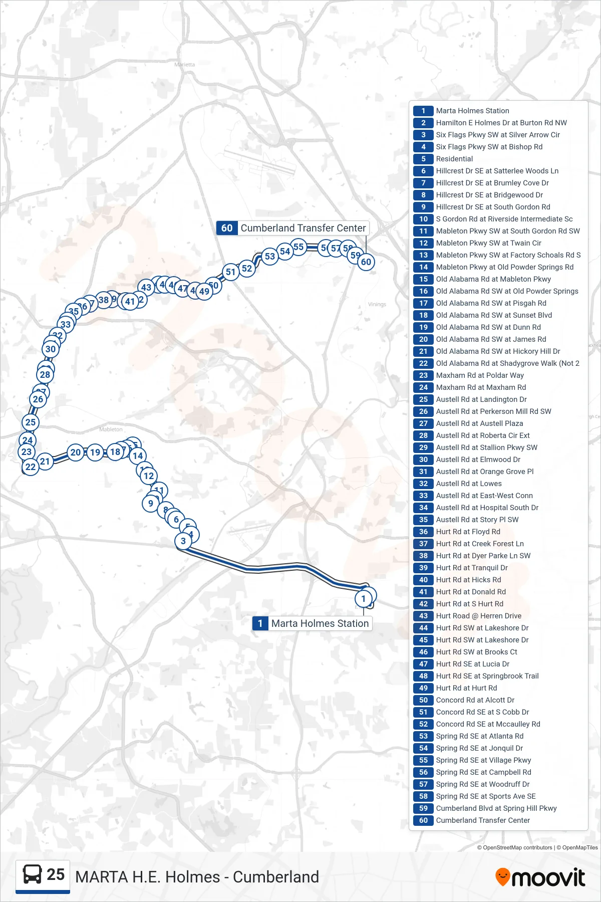 25 bus Line (Cumberland Transfer Center) route and stops on a map
