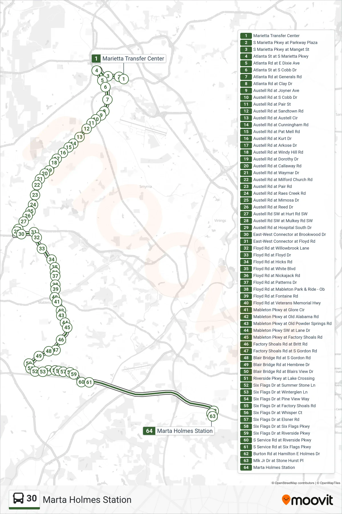 30 bus Line (Marta Holmes Station) route and stops on a map