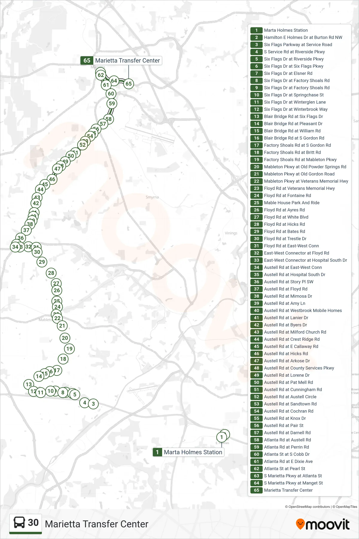 30 bus Line (Marietta Transfer Center) route and stops on a map