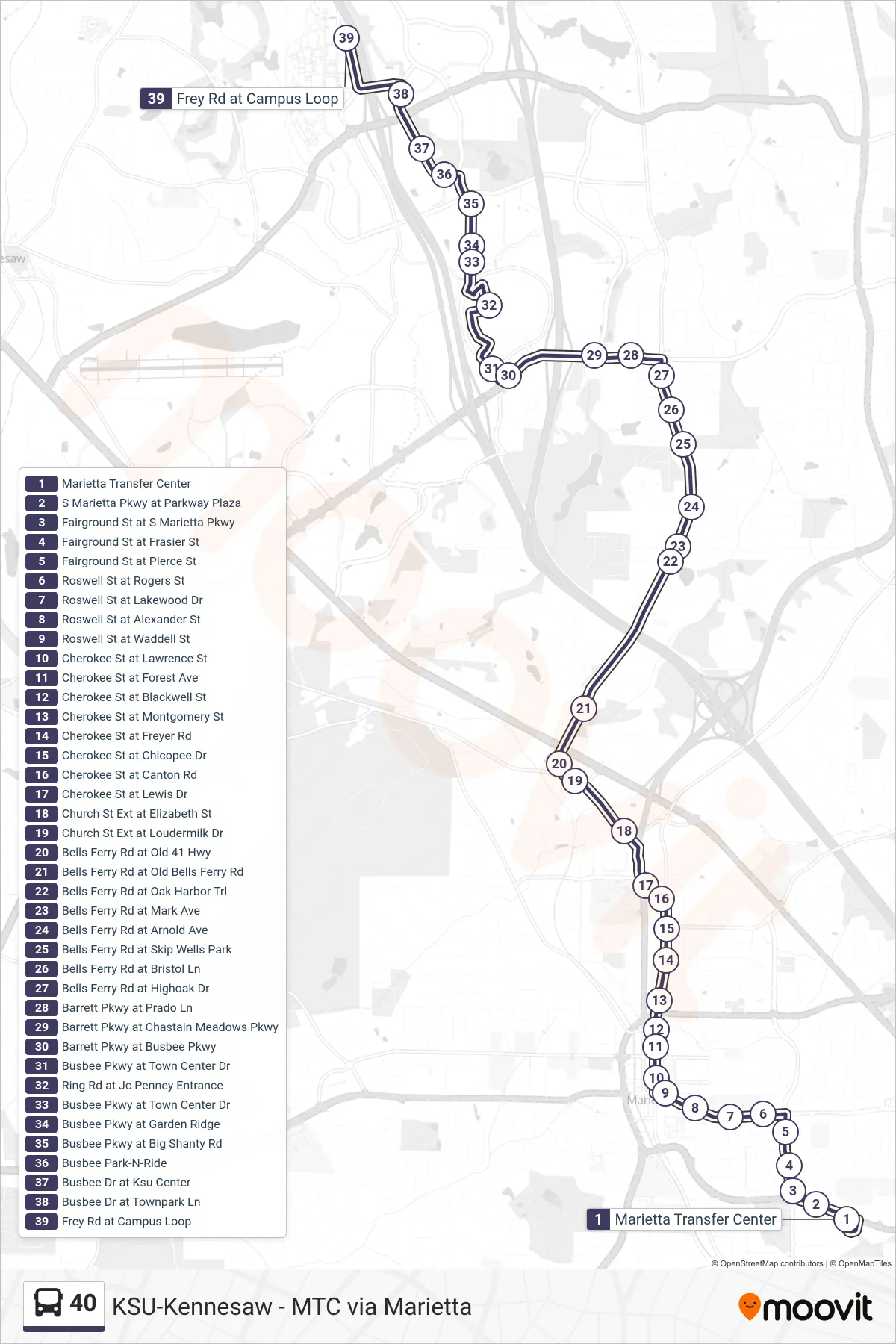 40 bus Line (Ksu-Kennesaw Campus) route and stops on a map