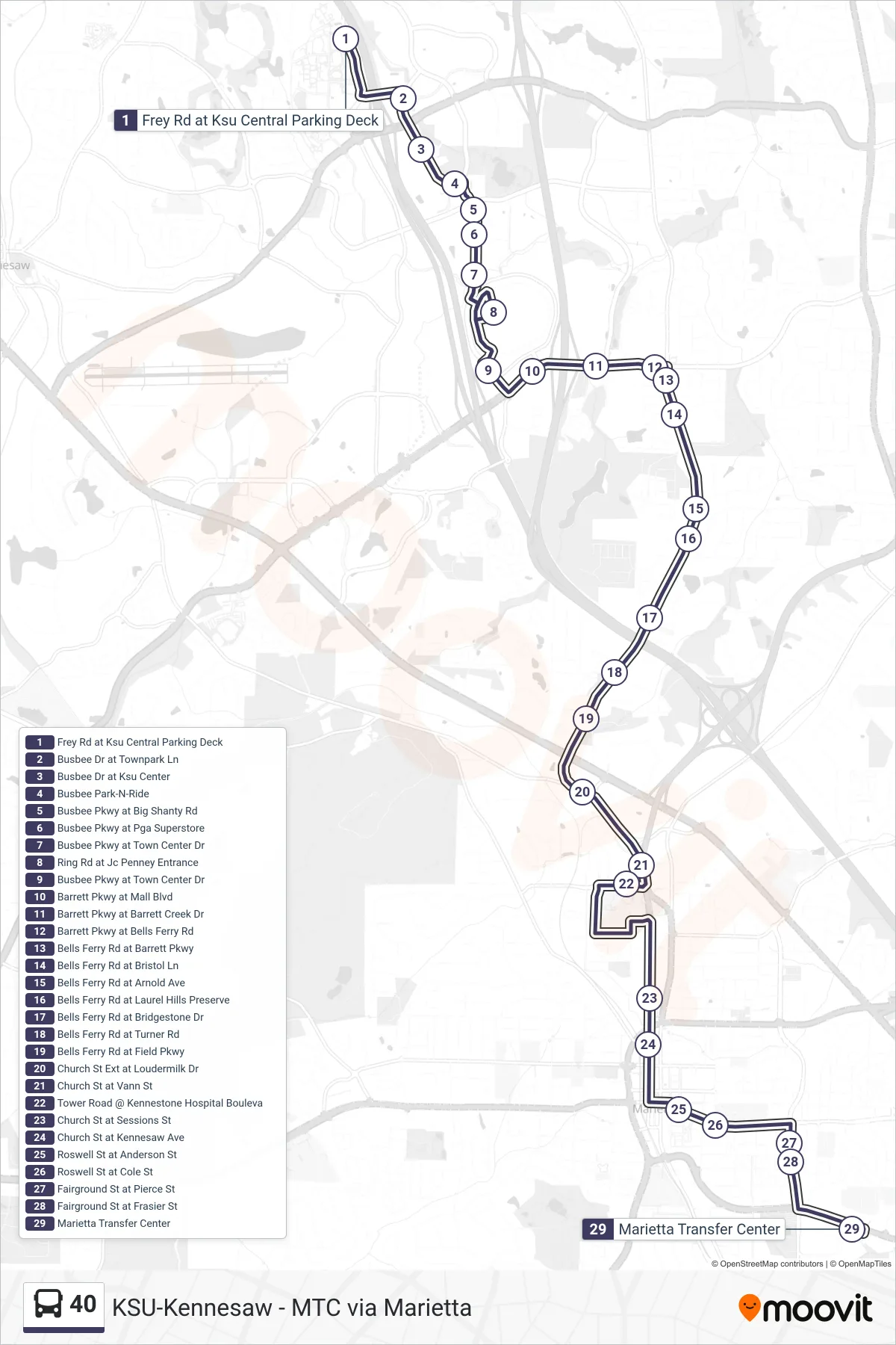 40 bus Line (Marietta Transfer Center) route and stops on a map