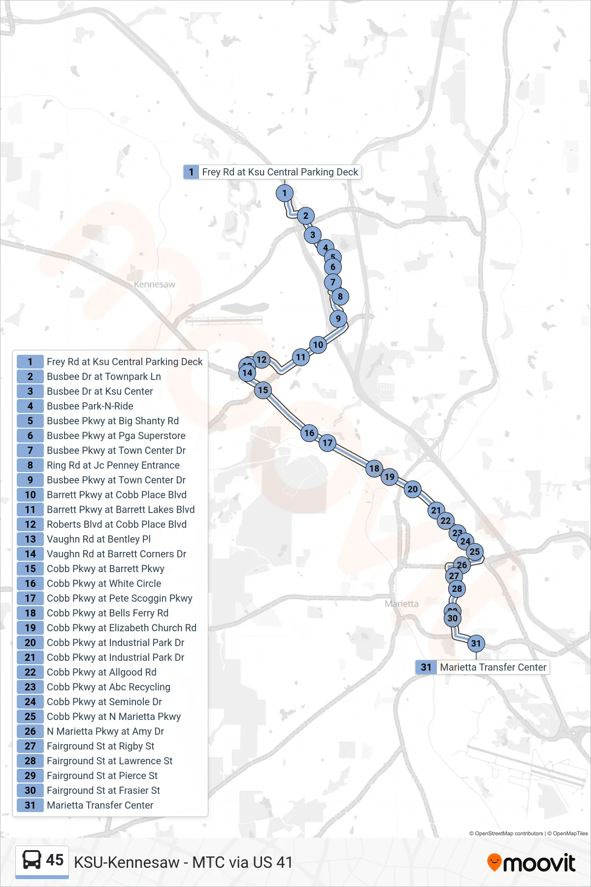 45 bus Line (Marietta Transfer Center) route and stops on a map