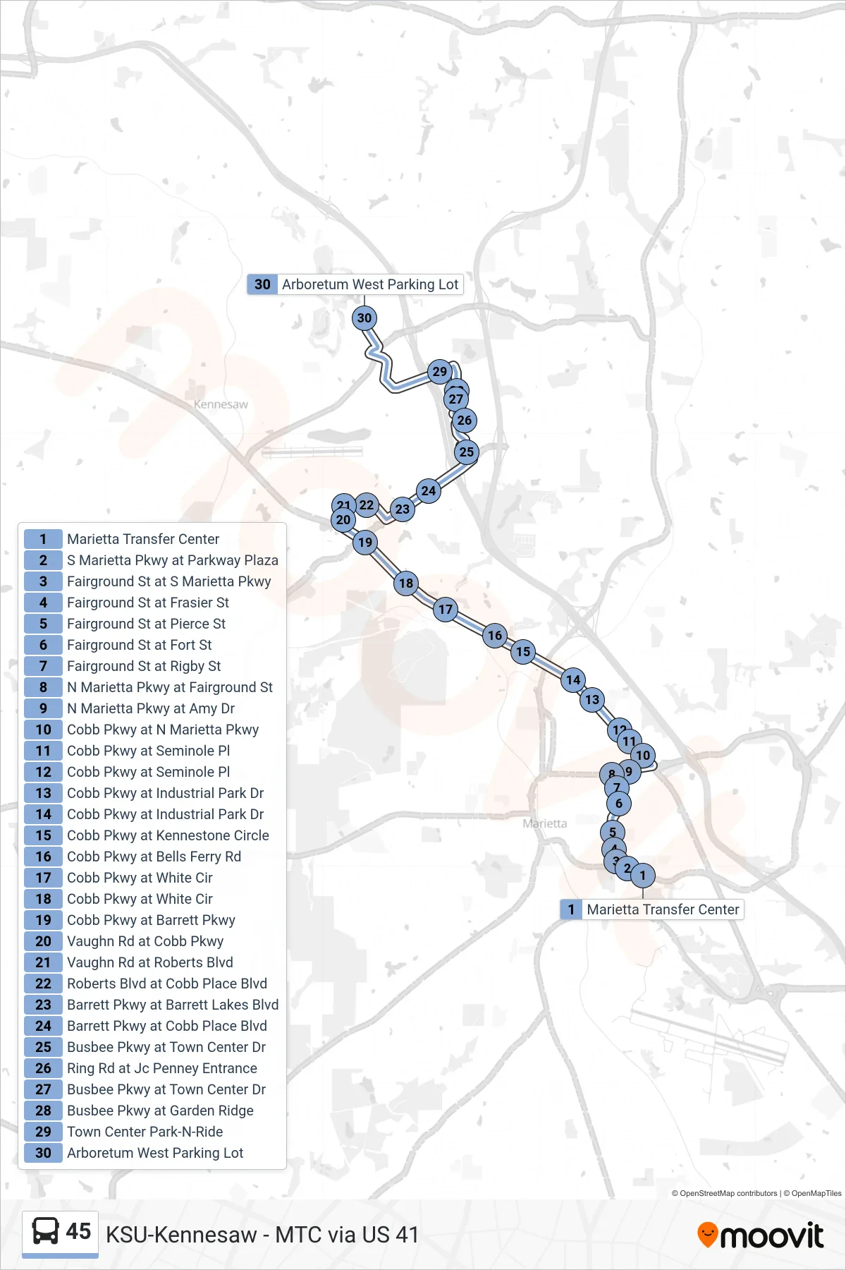 45 bus Line (Ksu-Kennesaw Campus) route and stops on a map