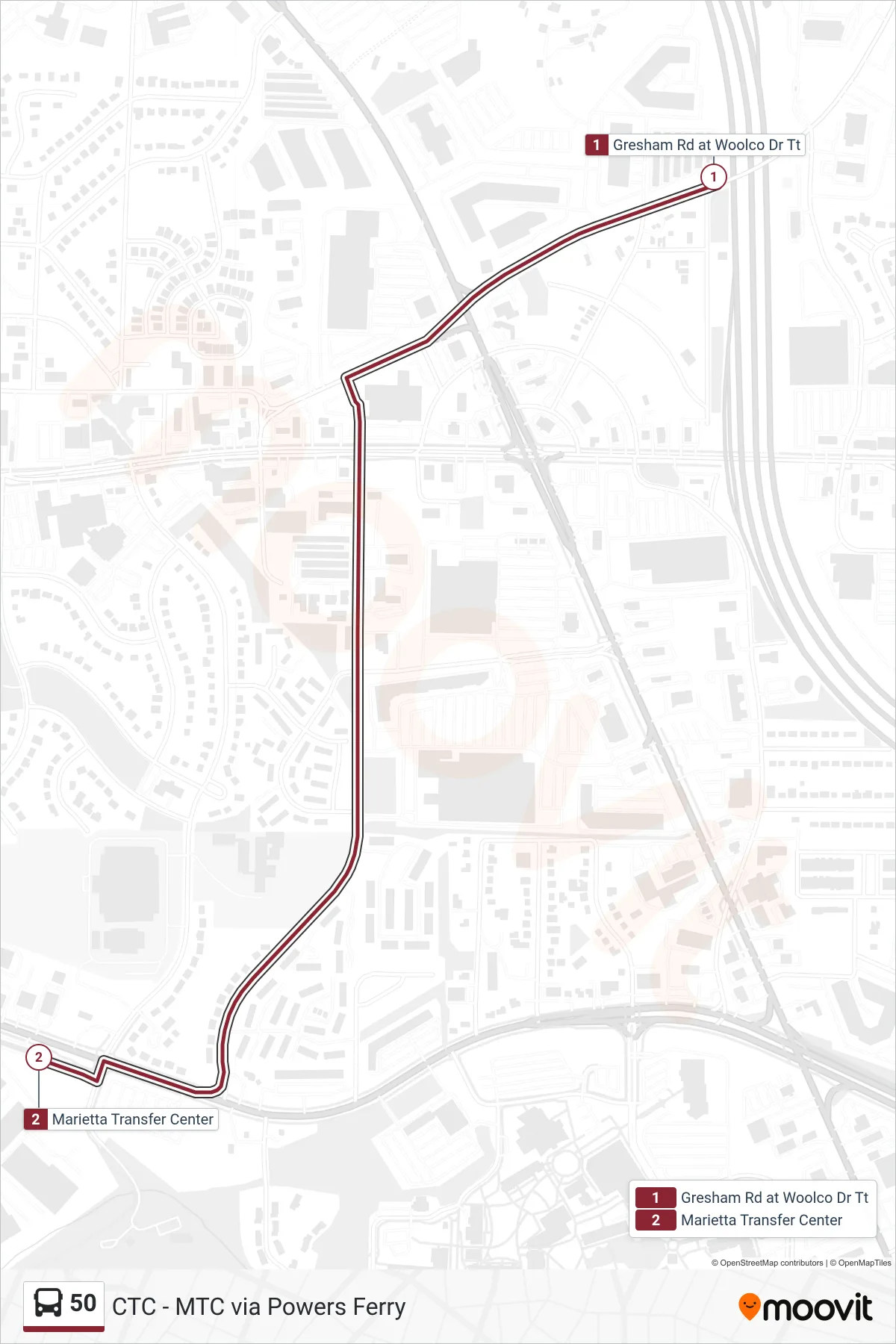 50 bus Line (Tip-Top Tripper) route and stops on a map