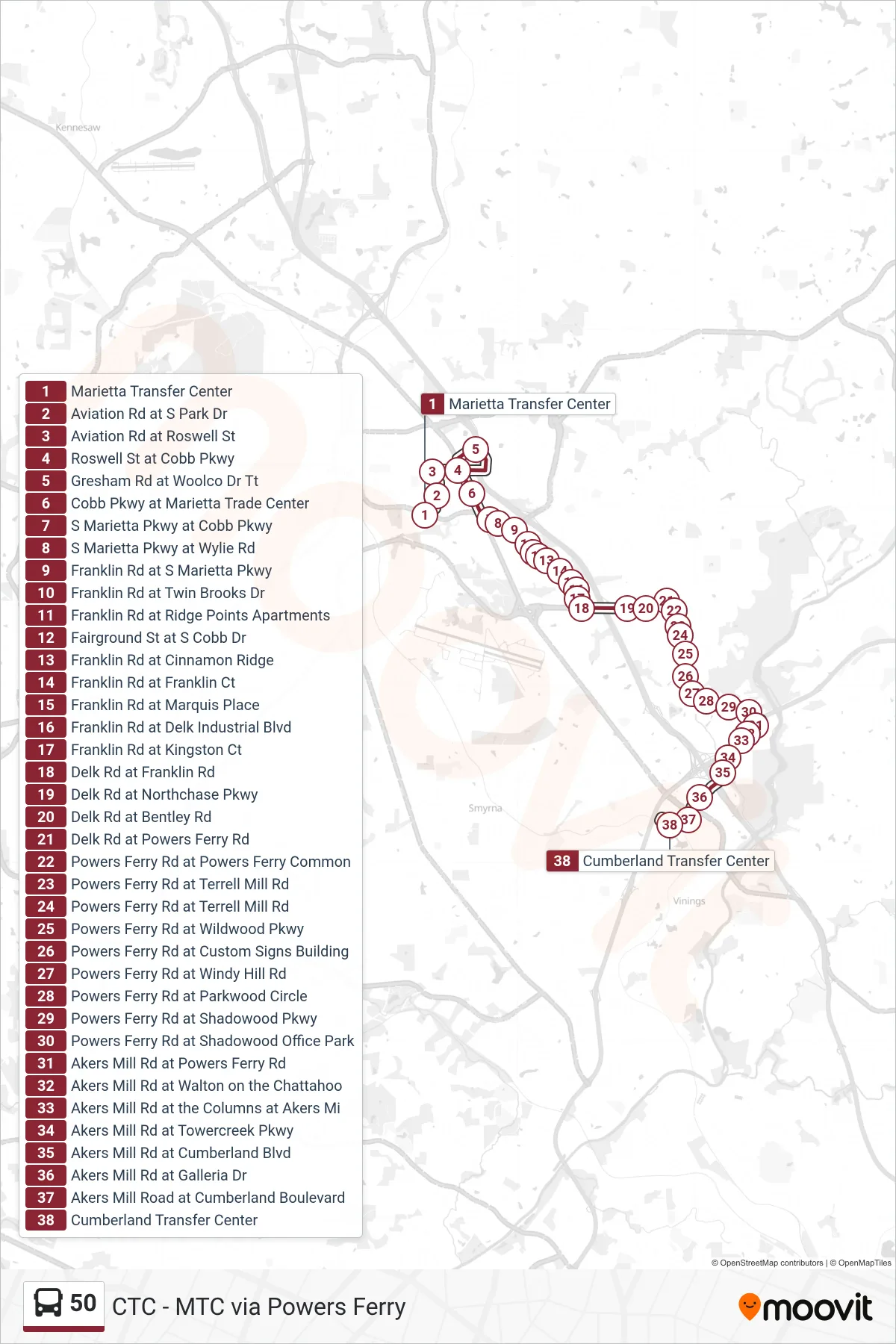50 bus Line (Cumberland Tc Via Tip Top) route and stops on a map
