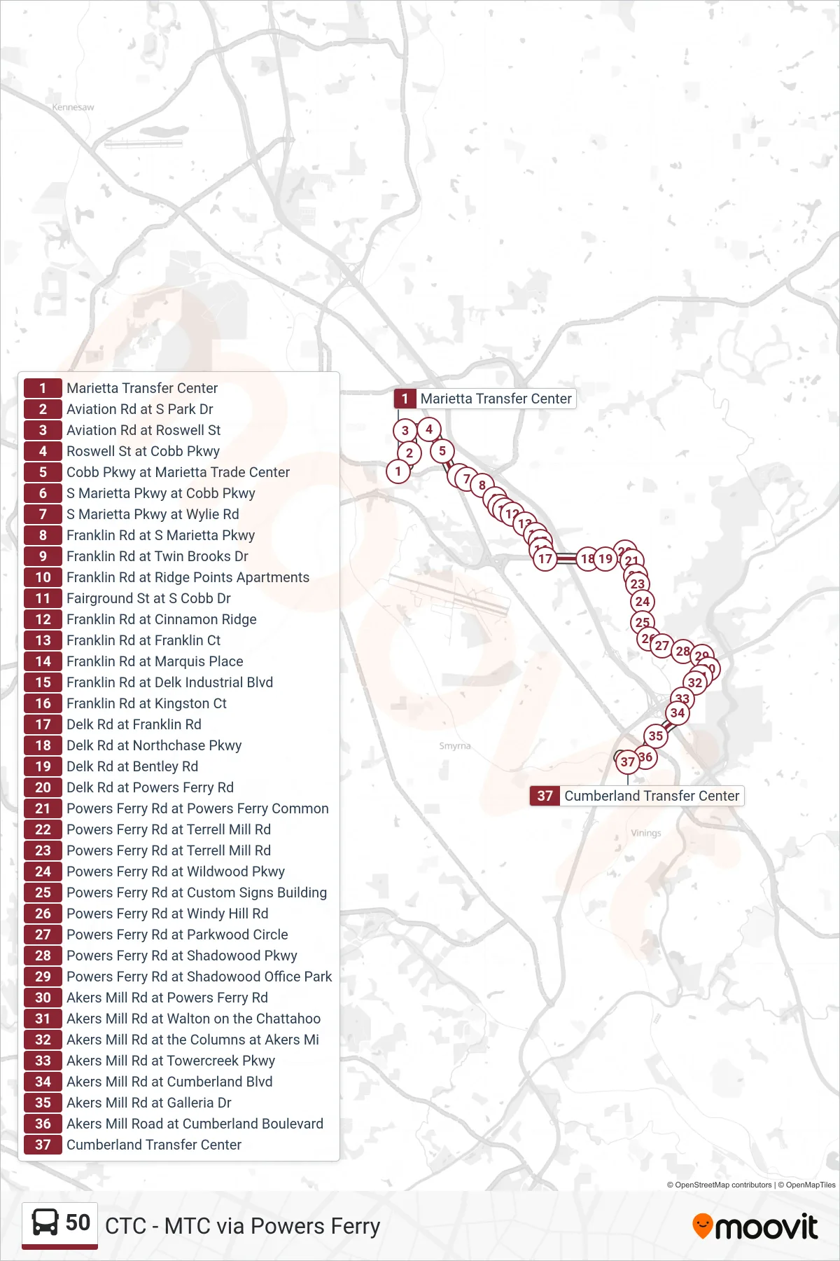 50 bus Line (Cumberland Transfer Center) route and stops on a map