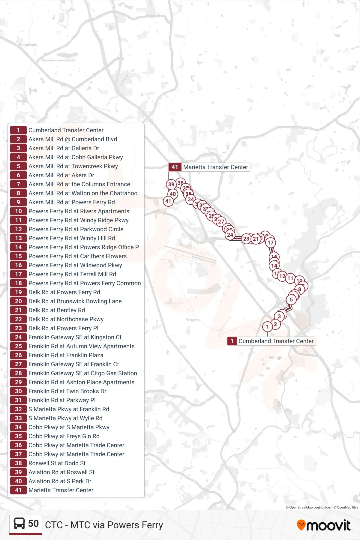 50 bus Line (Marietta Transfer Center) route and stops on a map