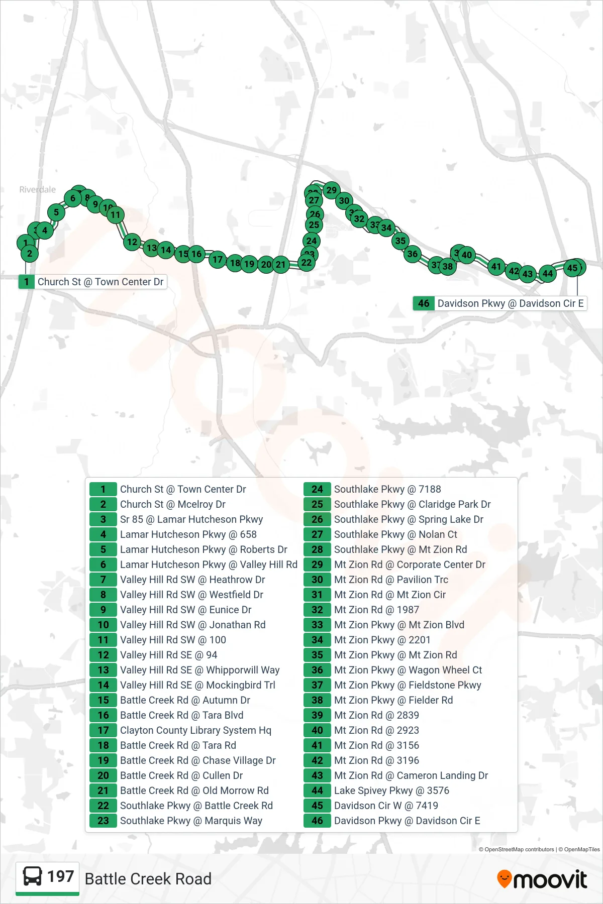 197 bus Line (Davidson Pky) route and stops on a map