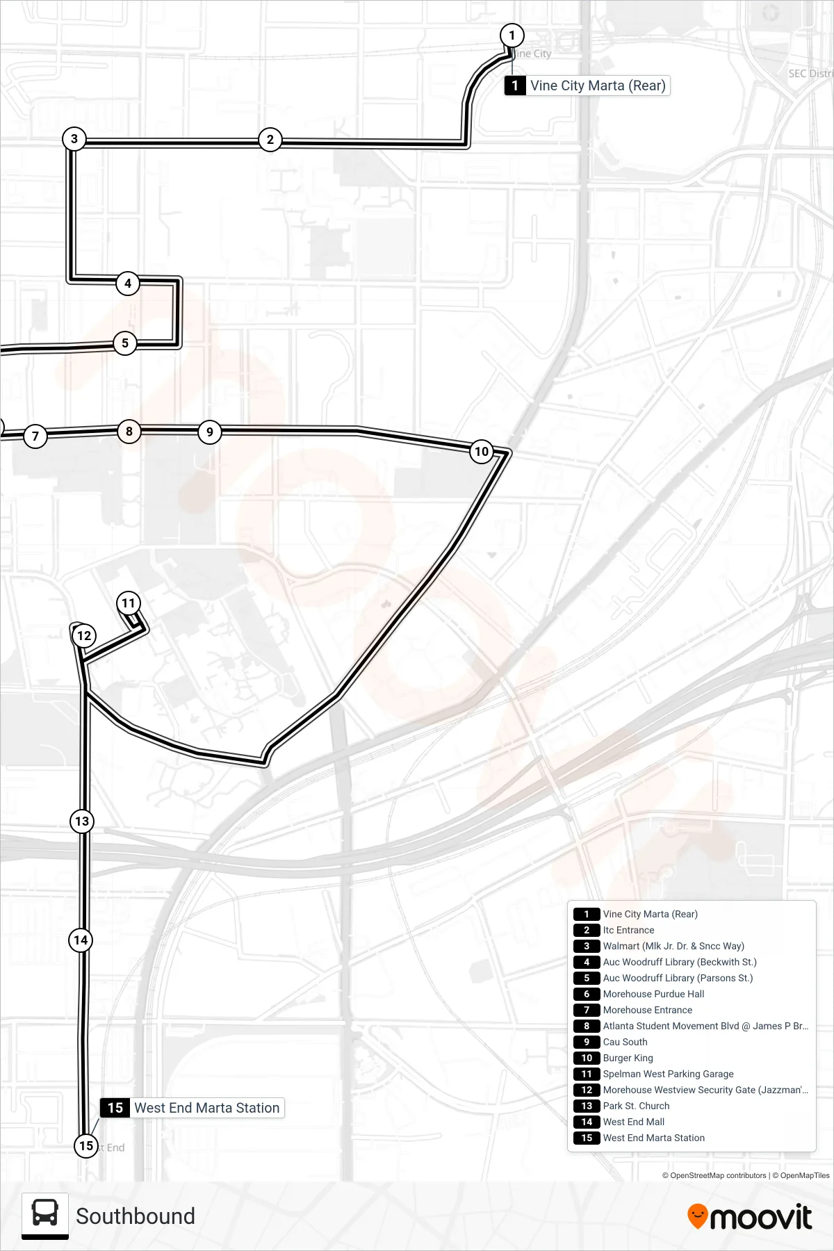 AUC SHUTTLE bus Line (Southbound) route and stops on a map