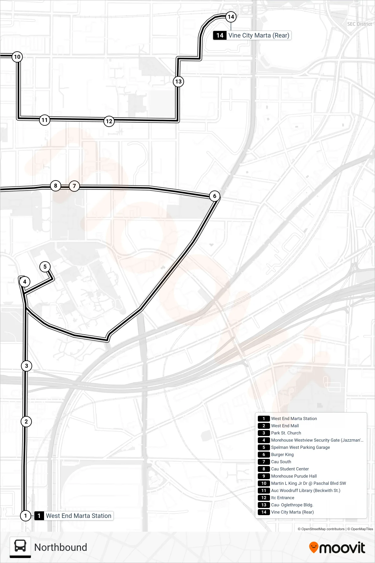 AUC SHUTTLE bus Line (Northbound) route and stops on a map