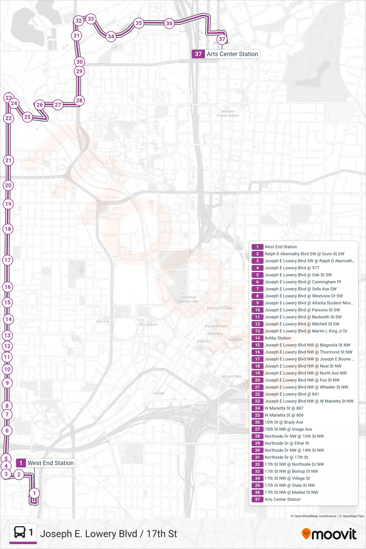 1 bus Line (Arts Center Stn) route and stops on a map