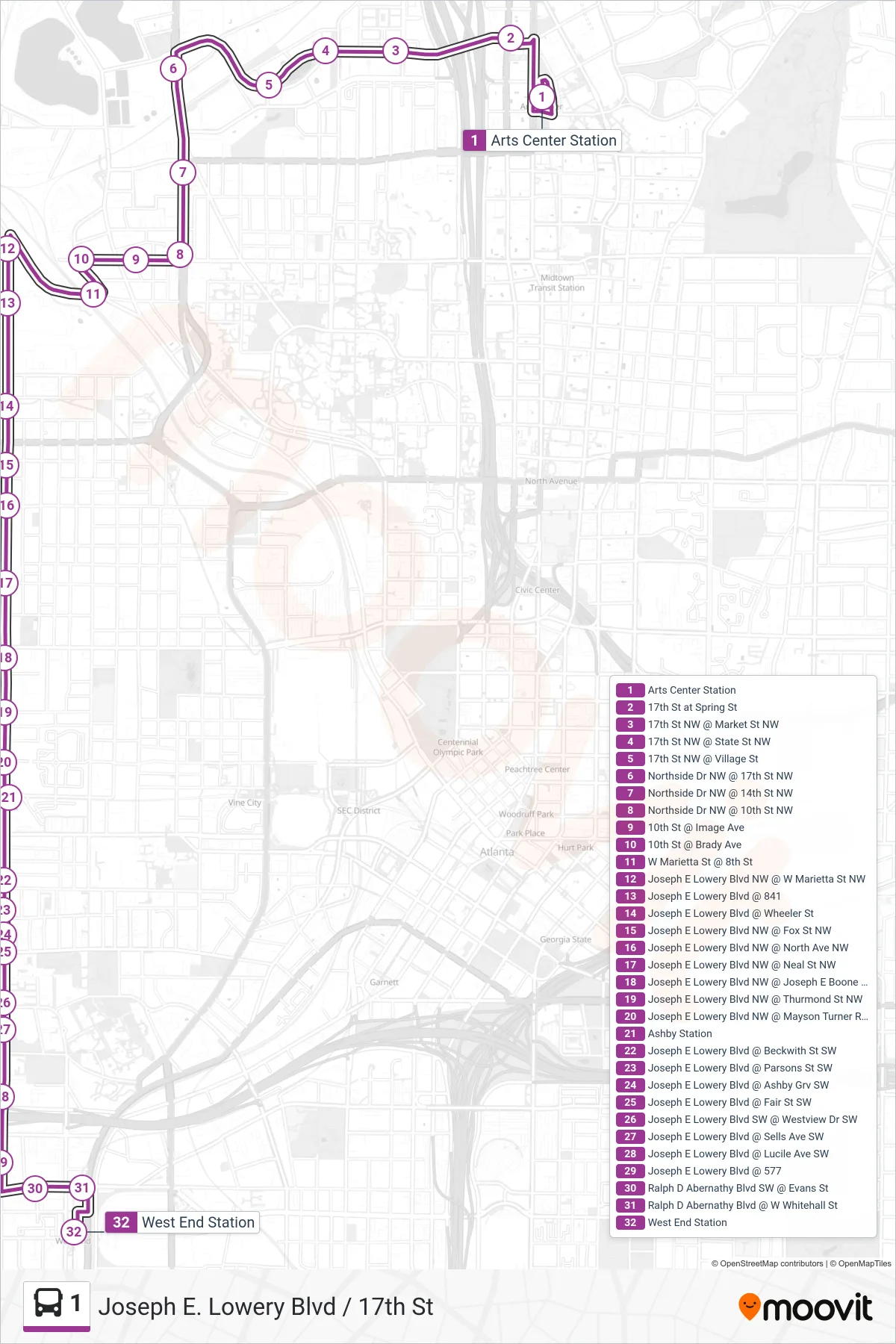 1 bus Line (West End Stn) route and stops on a map