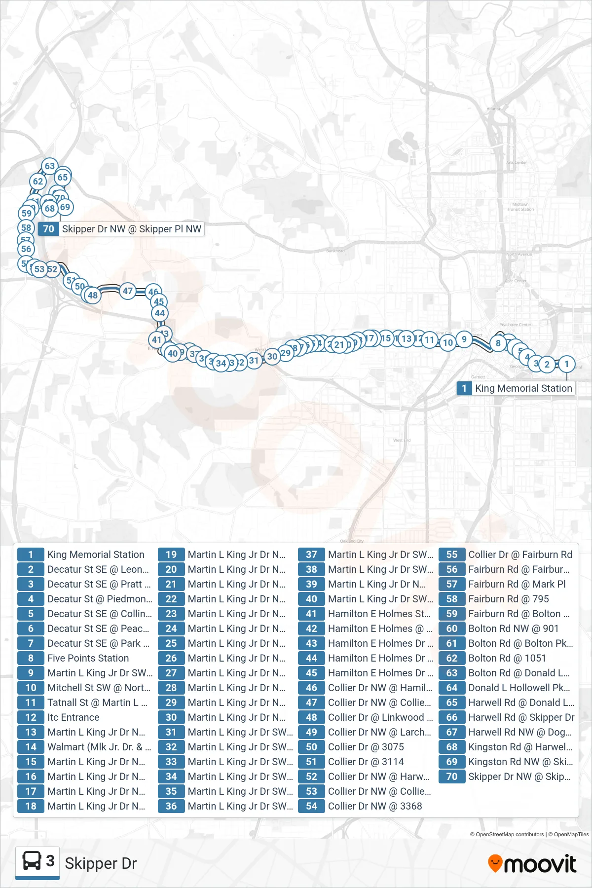3 bus Line (Skipper Dr) route and stops on a map
