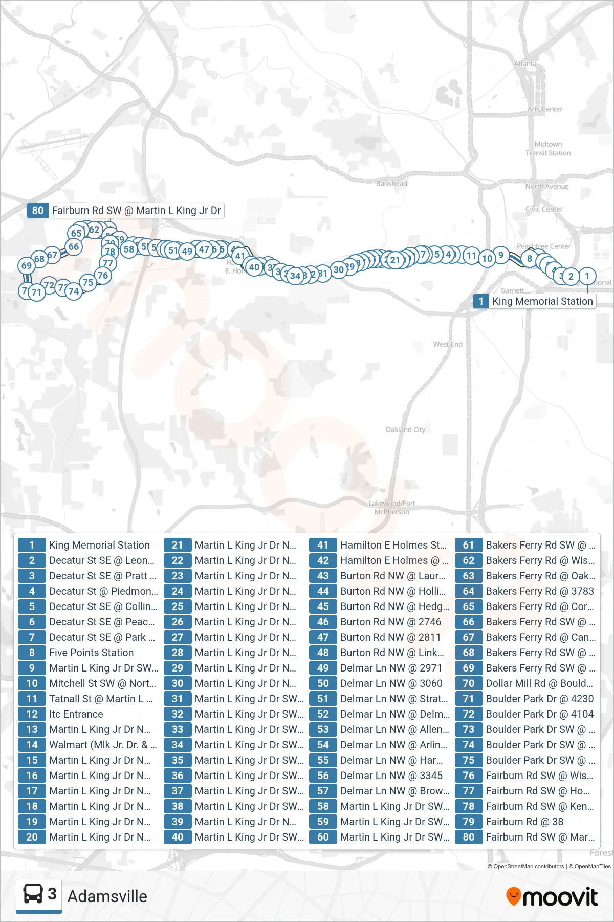 3 bus Line (Adamsville) route and stops on a map