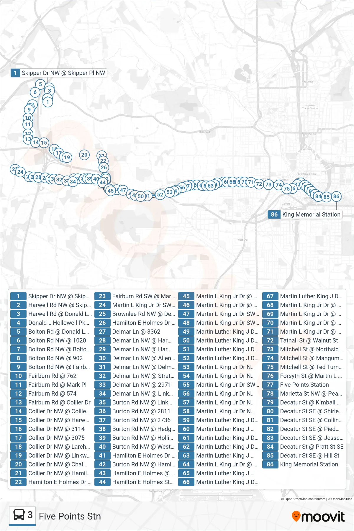 3 bus Line (Five Points Stn) route and stops on a map