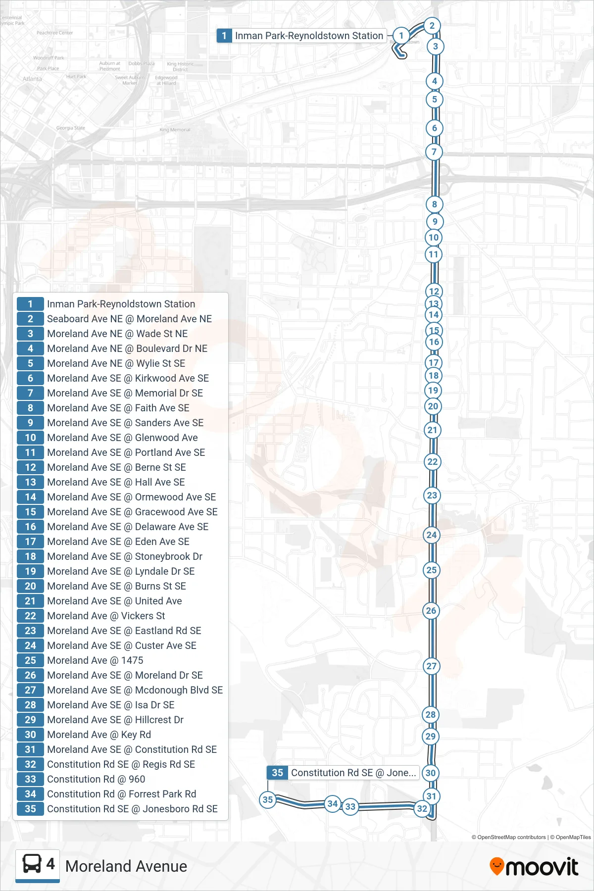 4 bus Line (Constitution Rd) route and stops on a map