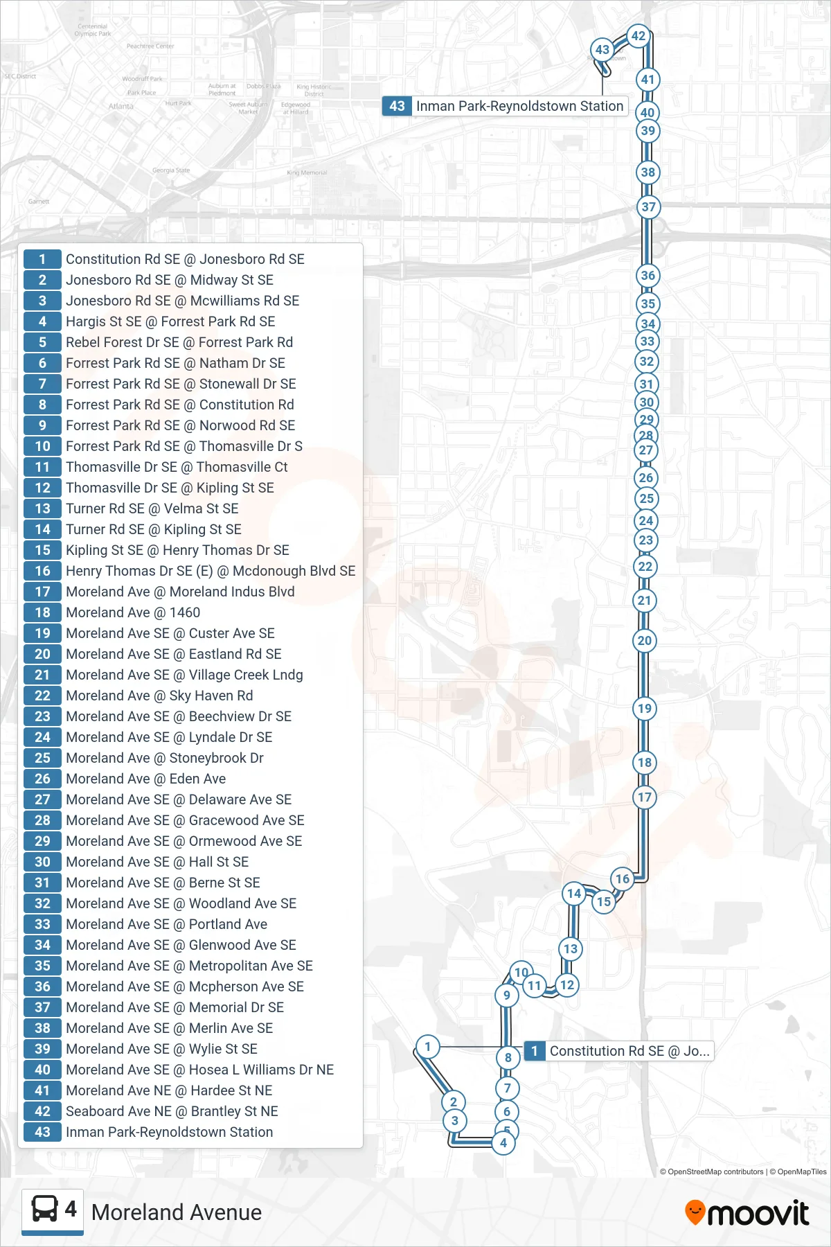 4 bus Line (Inman Park Stn) route and stops on a map