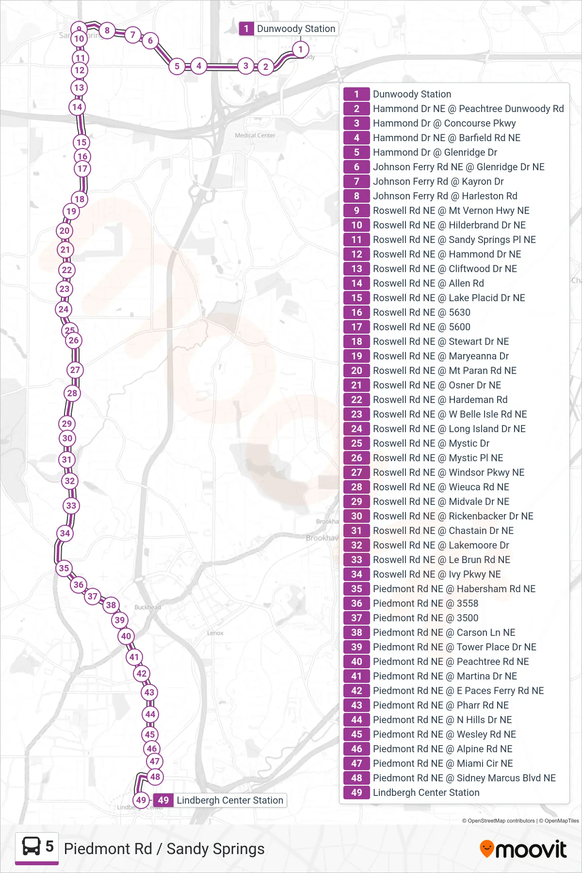 5 bus Line (Lindbergh Ctr Stn) route and stops on a map
