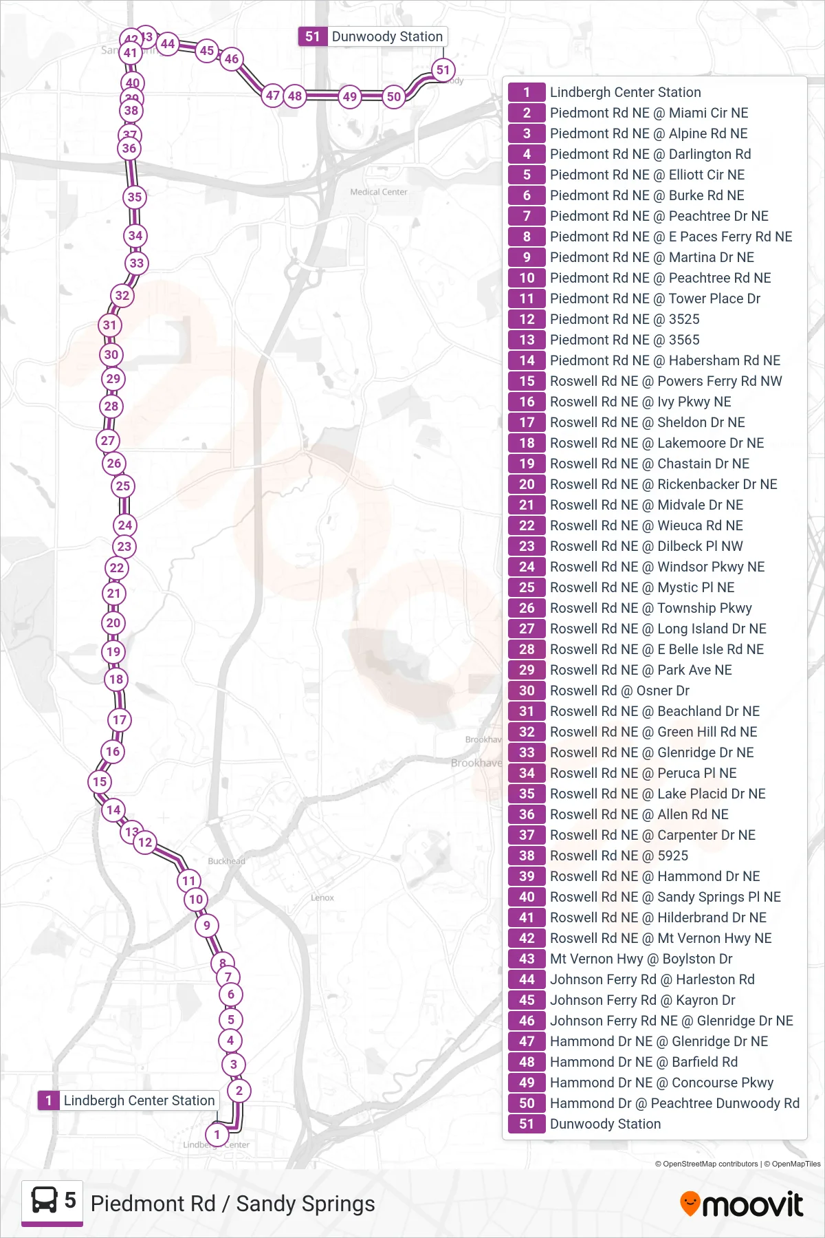 5 bus Line (Dunwoody Stn) route and stops on a map