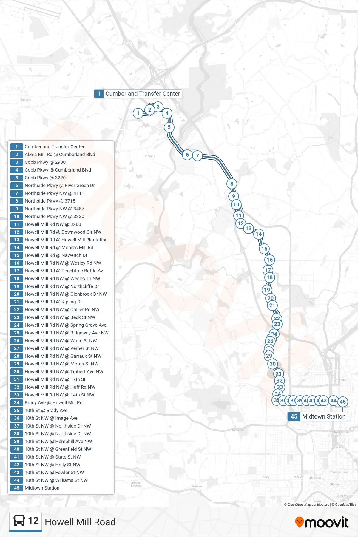 12 bus Line (Midtown Stn) route and stops on a map