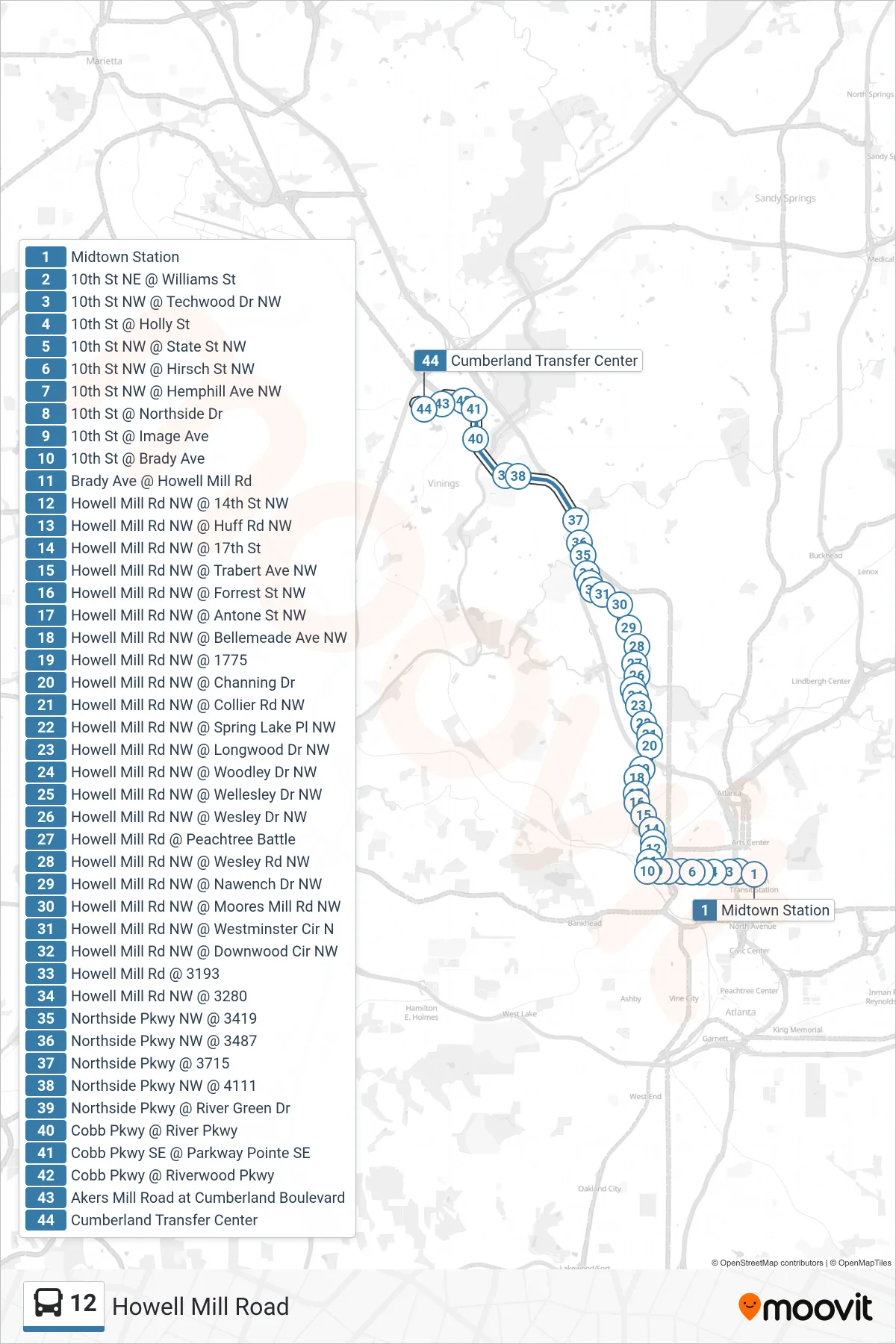 12 bus Line (Cumberland Tc) route and stops on a map