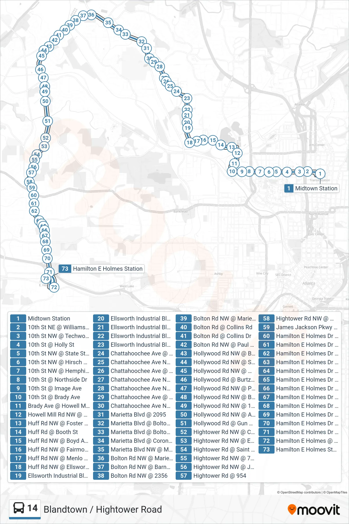 14 bus Line (He Holmes Stn) route and stops on a map