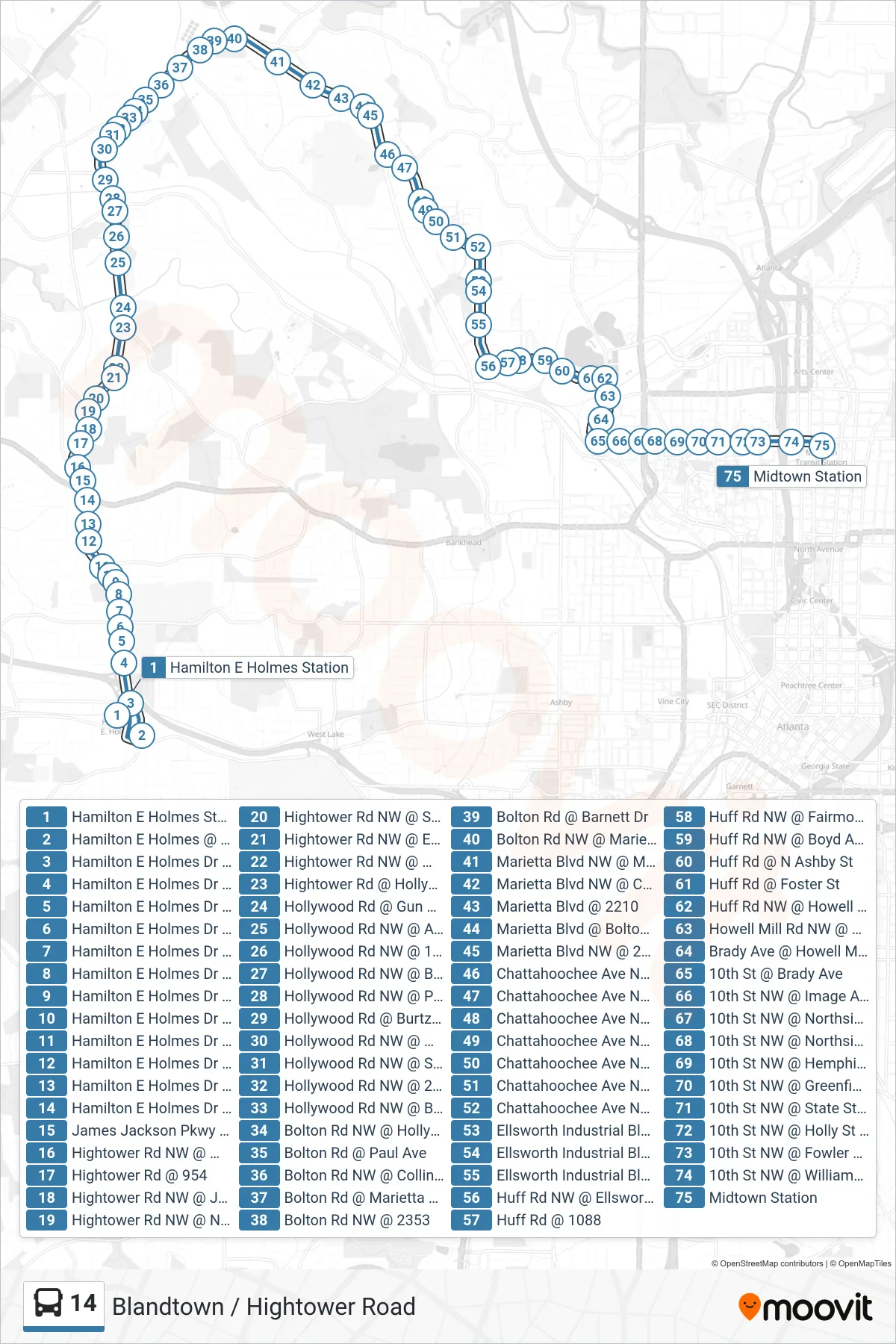 14 bus Line (Midtown Stn) route and stops on a map
