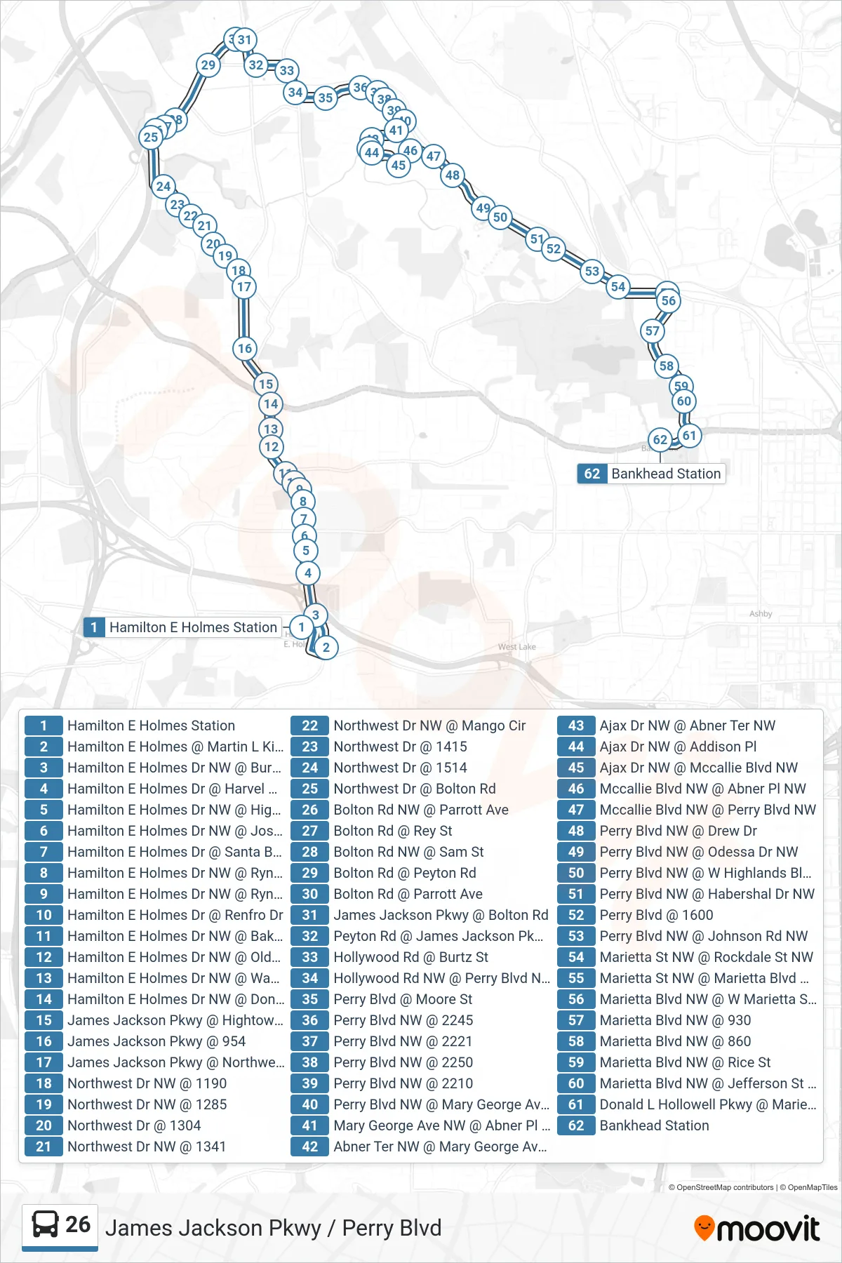 26 bus Line (Bankhead Stn Via Northwest Dr) route and stops on a map