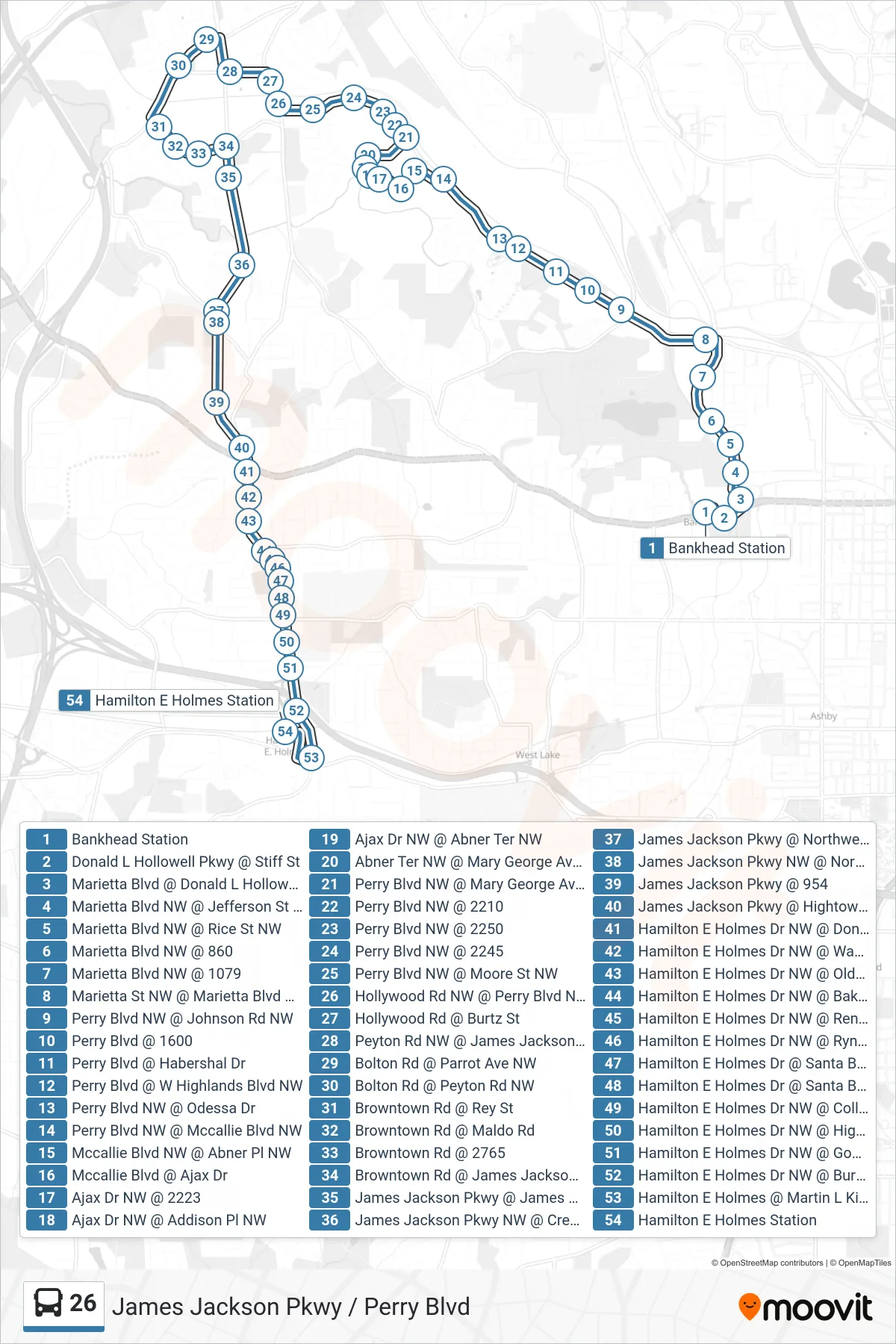 26 bus Line (He Holmes Stn Via J Jackson Pkwy) route and stops on a map