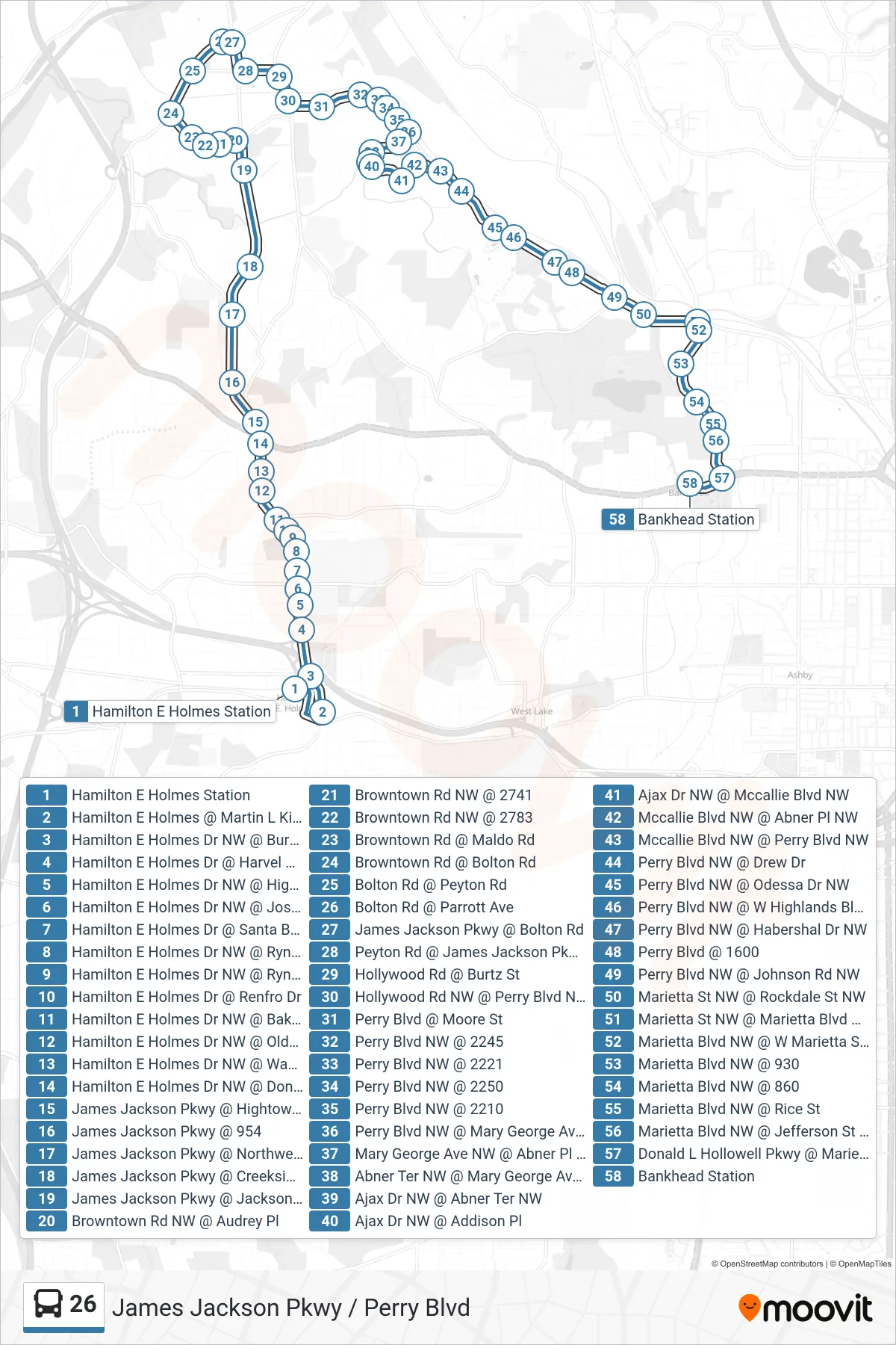 26 bus Line (Bankhead Stn Via J Jackson Pkwy) route and stops on a map