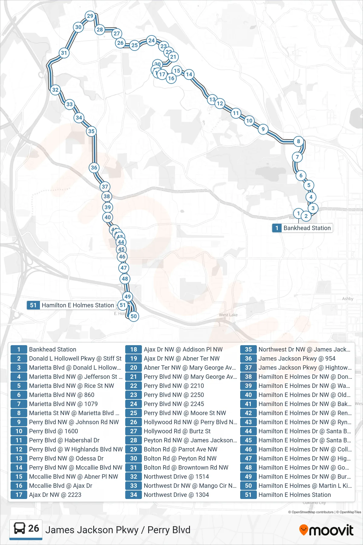 26 bus Line (He Holmes Stn Via Northwest Dr) route and stops on a map