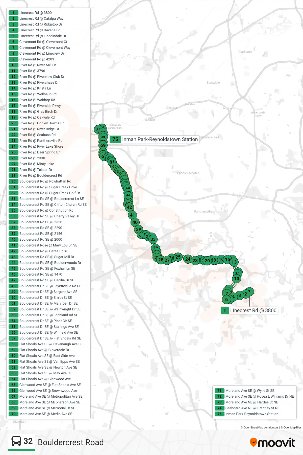 32 bus Line (Inman Park Stn) route and stops on a map