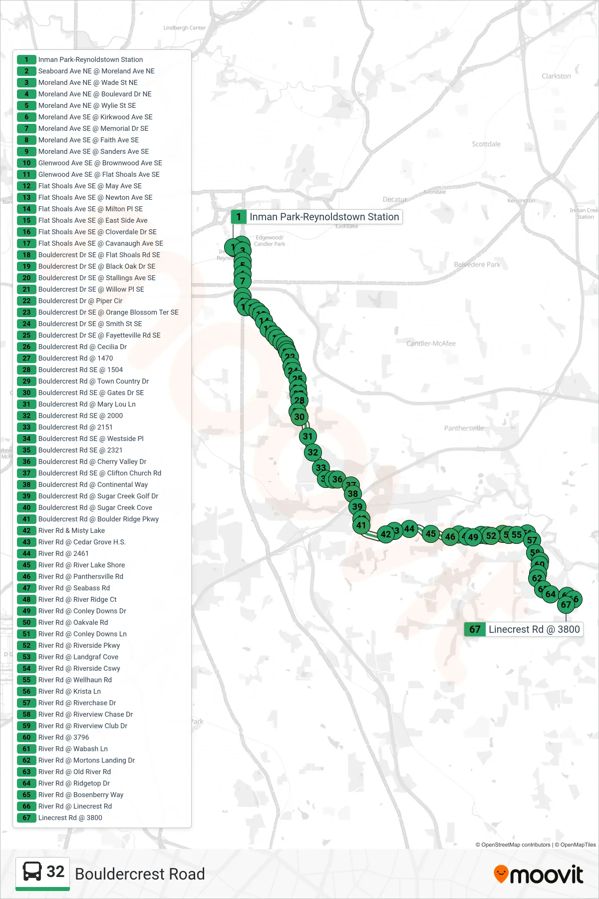 32 bus Line (Linecrest Rd) route and stops on a map